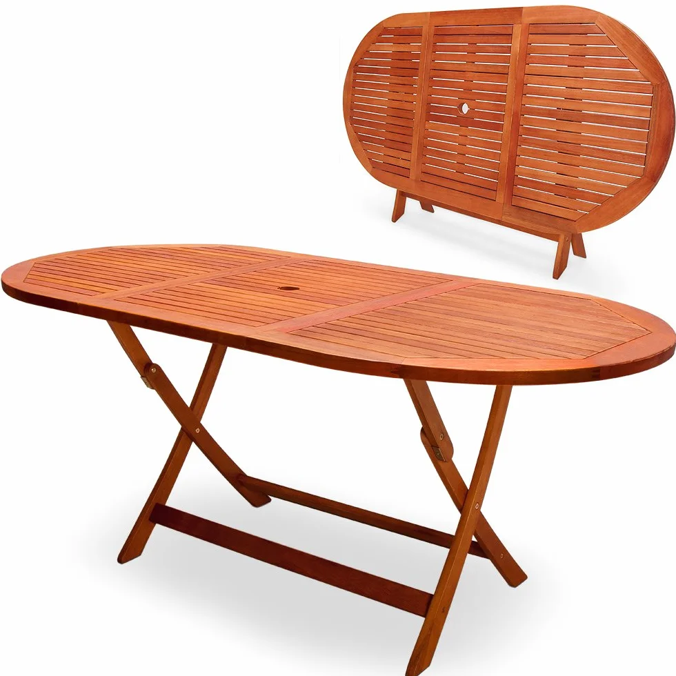 Tavolo da Giardino in Legno di Acacia Pieghevole 160x85cm Ovale FSC Portata 80 kg con Portaombrellone