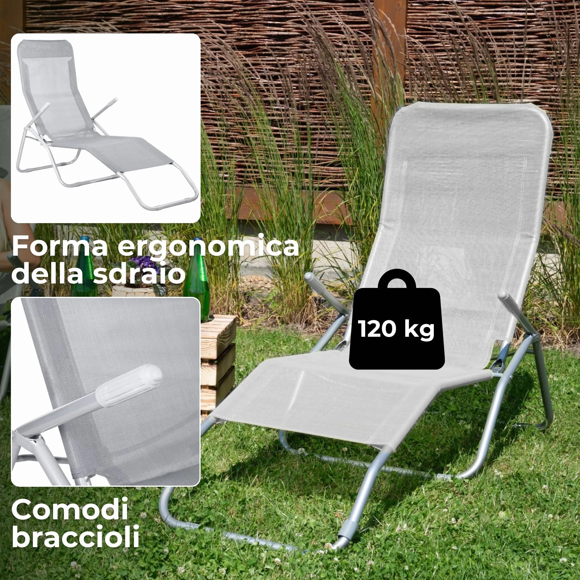 SPRINGOS - Sdraio reclinabile da giardino, in metallo, resistente, verniciata a polvere (grigio chiaro)