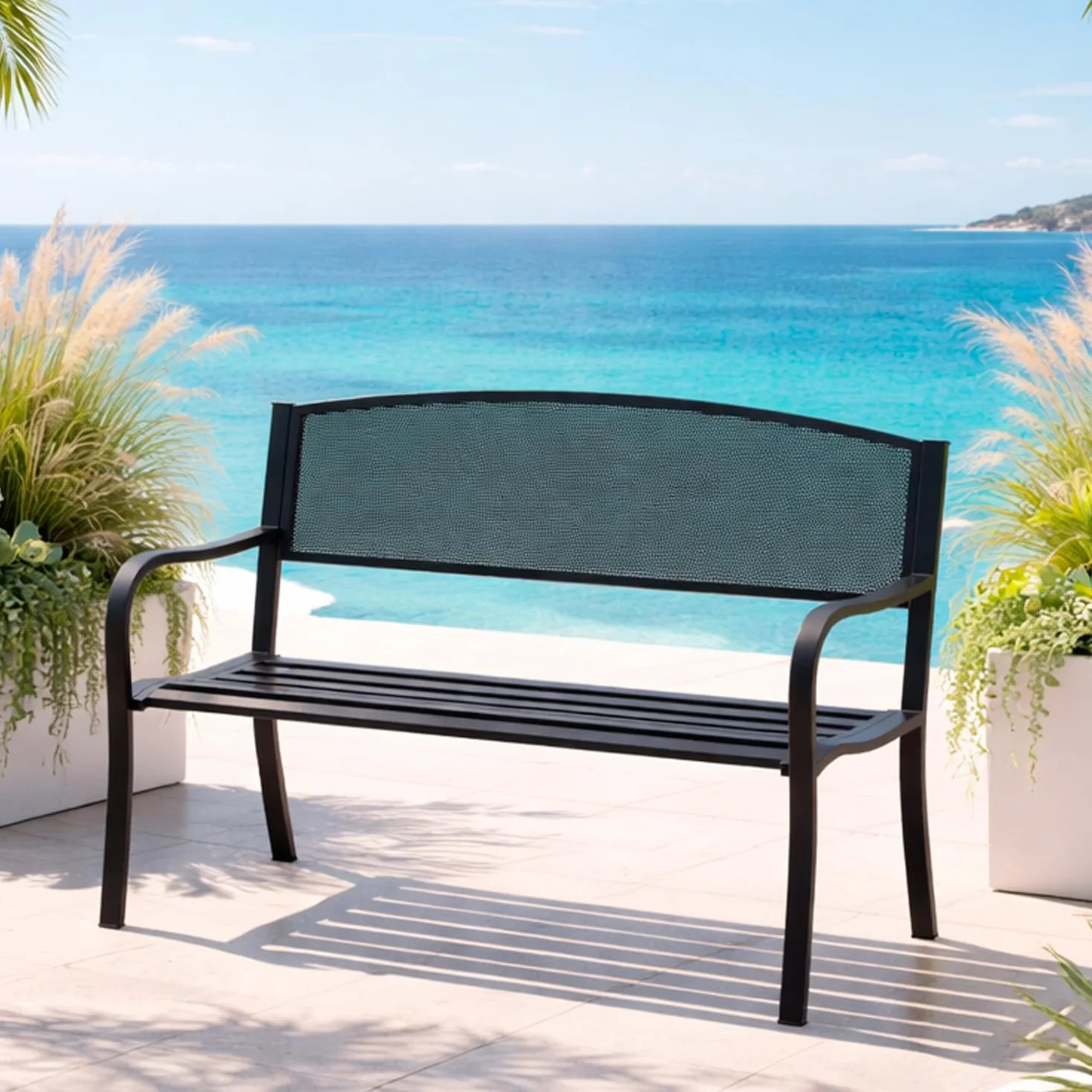 Arreditaly Panchina Da Giardino In Acciaio Panca Da Esterno Elegante 2-3 Posti Con Schienale Traforato E Braccioli Resistente Alle Intemperie Per Terrazzo Patio E Giardino 127 x 60 x 85 Cm Nero