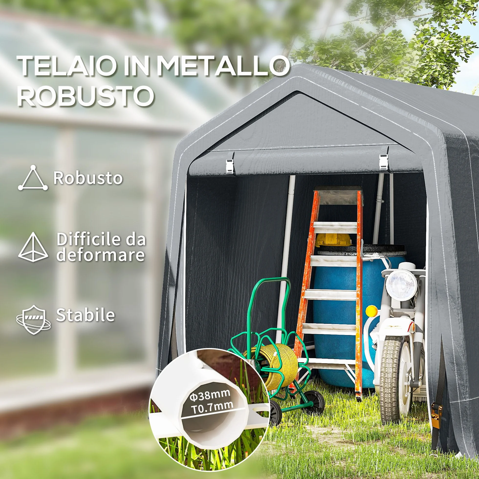 Outsunny Garage Moto per Esterno 2.4x2m, Tenda in Metallo e Tessuto PE, Grigio Scuro