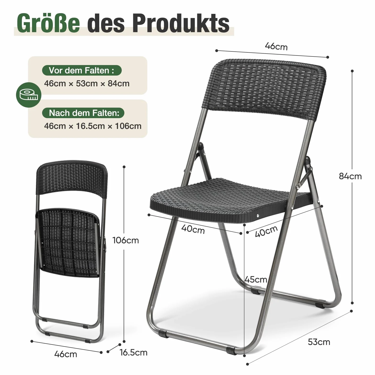 Sekey Sedia da giardino pieghevole in rattan 200 kg 46x53x84 cm impermeabile nero
