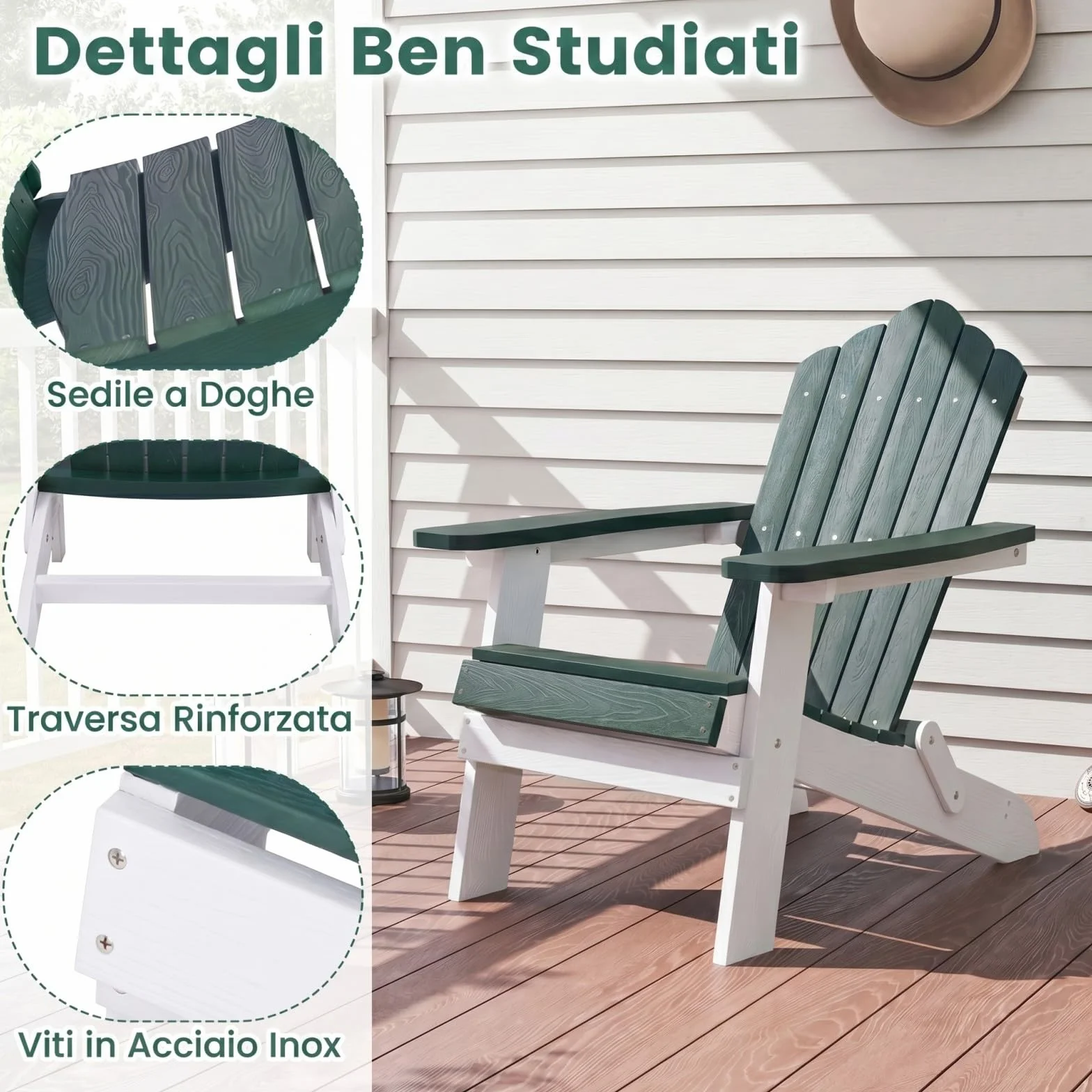 COSTWAY Sedia Adirondack Pieghevole da Giardino, Sedia da Patio in HIPS con Braccioli Larghi e Schienale Inclinato, Poltrona in Legno, per Giardino Cortile, Portata 180 kg (1, Verde+Bianco)