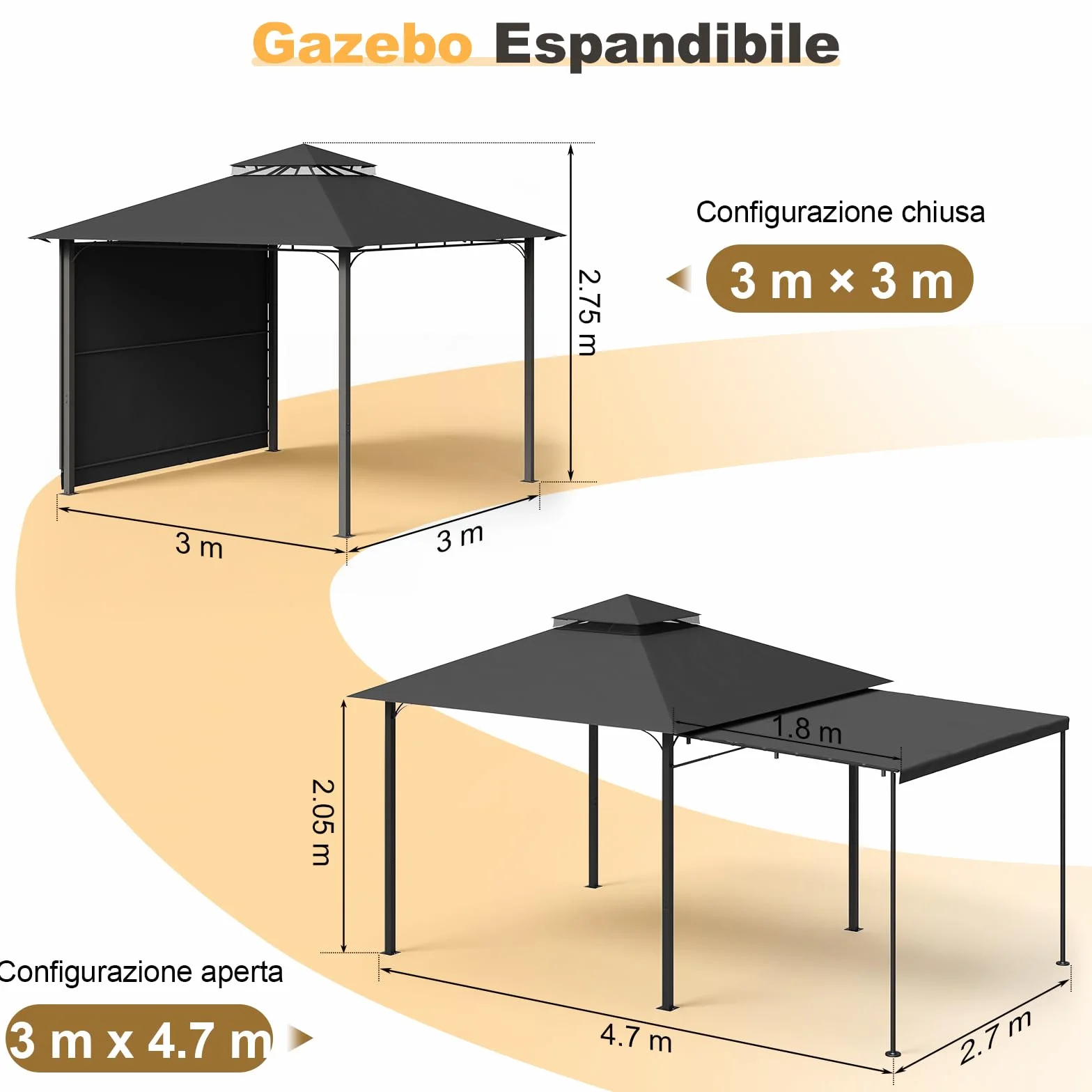 Devoko Gazebo Esterno 3x3m Impermeabile Protezione UV 50+ Pavillon Fisso Giardino 3x4.7m Grigio