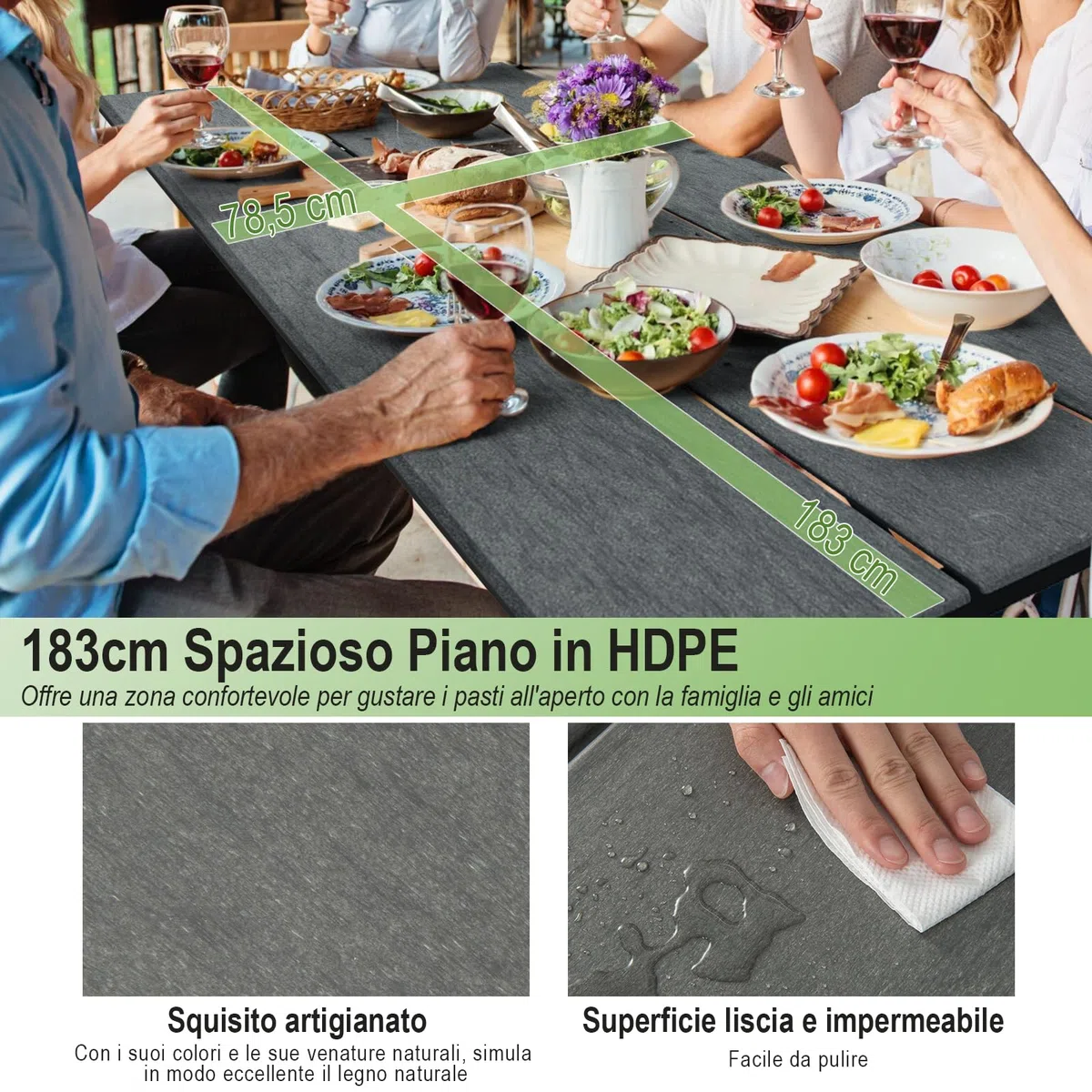 COSTWAY Tavolo da Pranzo 183 CM con 2 Panche per 8 Persone, Set da Picnic in Metallo e HDPE con Foro per Ombrellone, per Giardino Terrazzo (Grigio)
