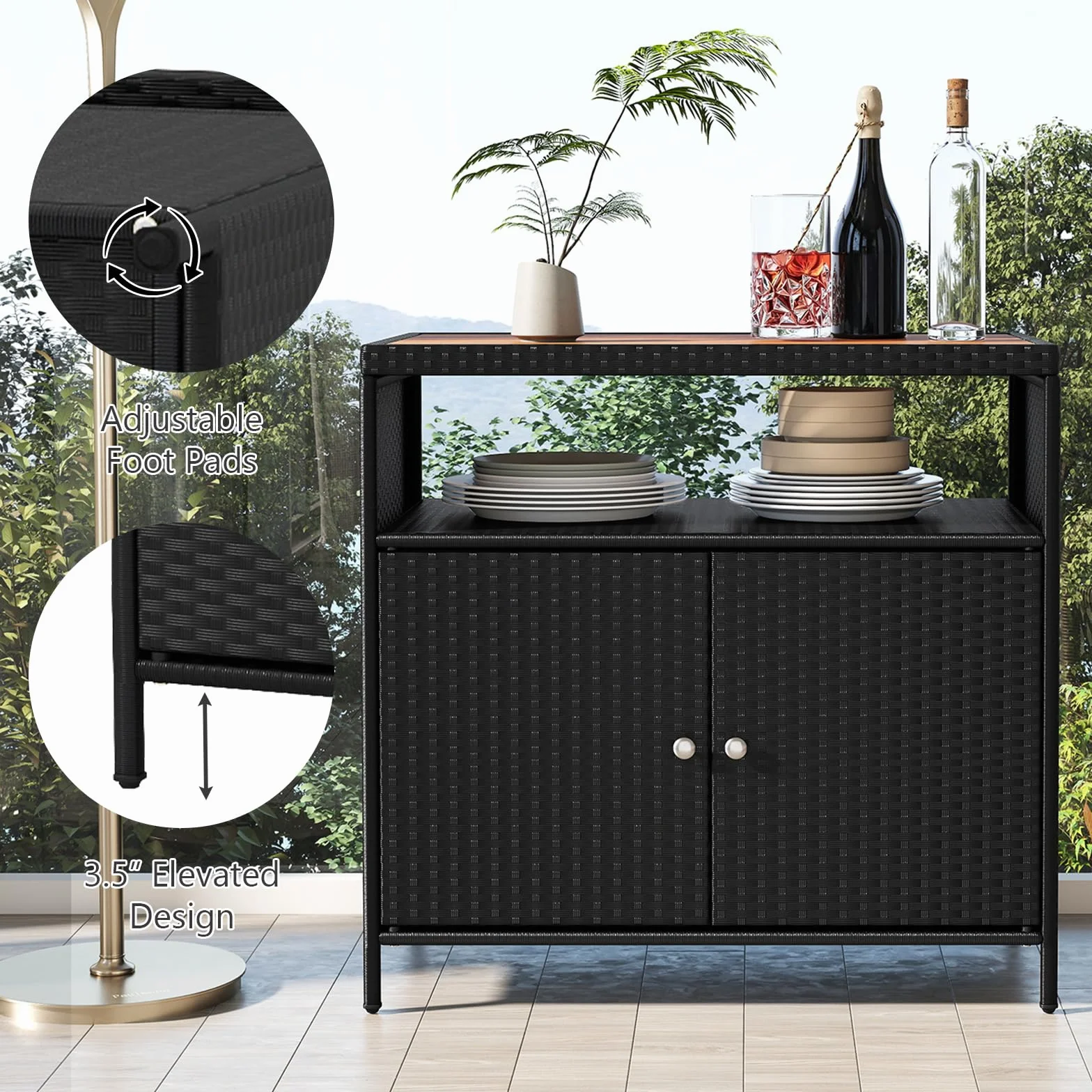 GIANTEX Armadietto da Giardino in Rattan con Piano di Lavoro e Scaffale, Ideale per Esterni, Giardino, Balcone e Piscina, 90 x 53 x 66 cm