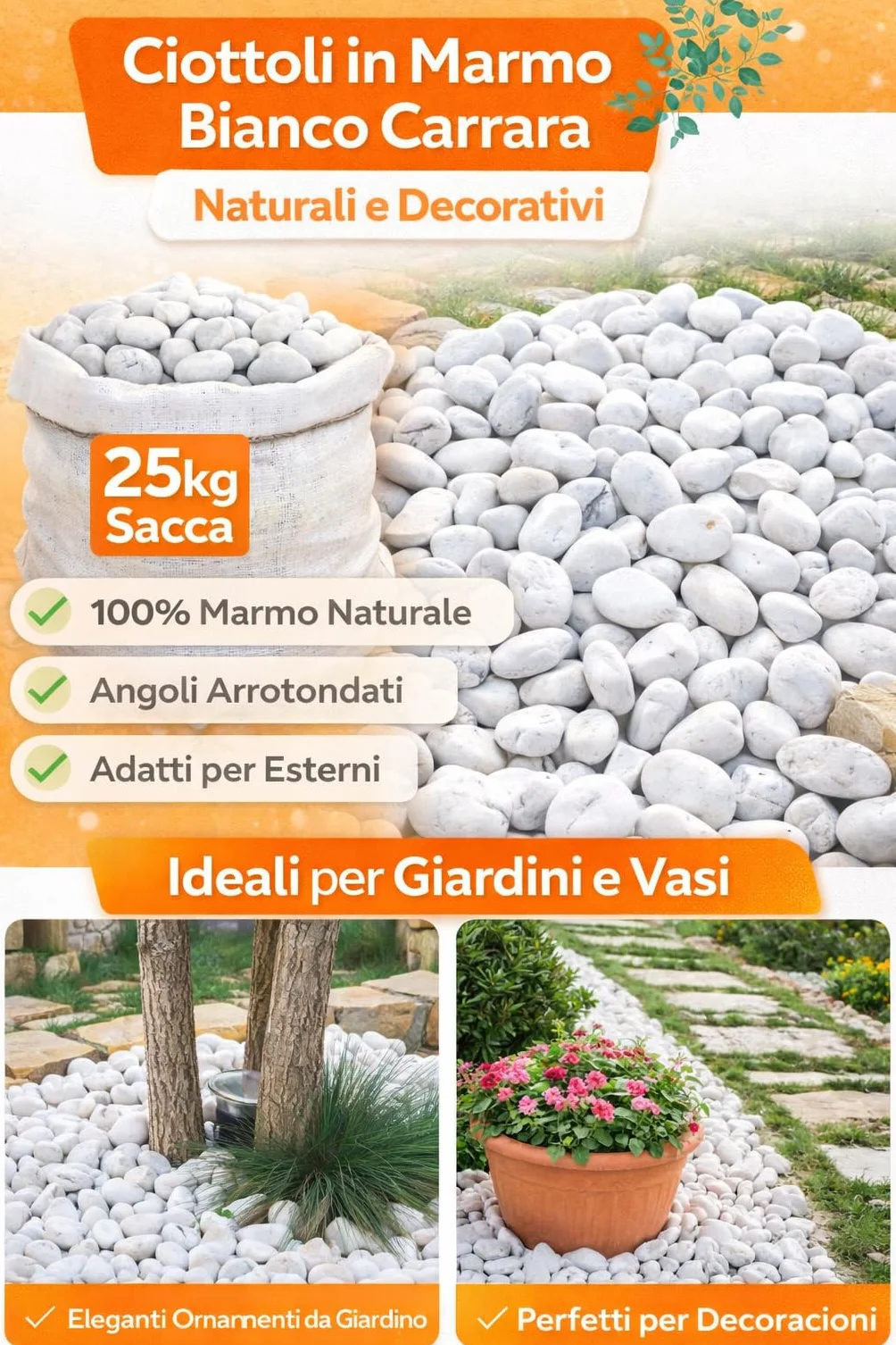 Ciottoli in marmo bianco carrara, sacca da 25kg, sassi con angoli arrotondati per decorazione ornamento giardino, pietre naturali per Vaso fiori, acquario, (Diametro 7-15 mm)