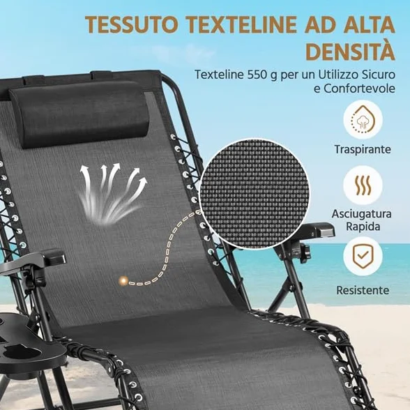 Yaheetech Sdraio da Giardino Richiudibile con Cuscino, Lettino Prendisole Mare, Poggiapiedi e Portabicchieri, Nero