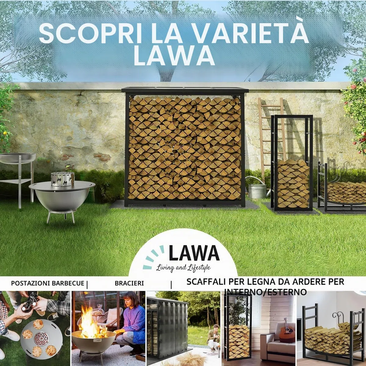 Portalegna da esterno con tetto zincato 188x70x188 45kg portata 3t legnaia metallo