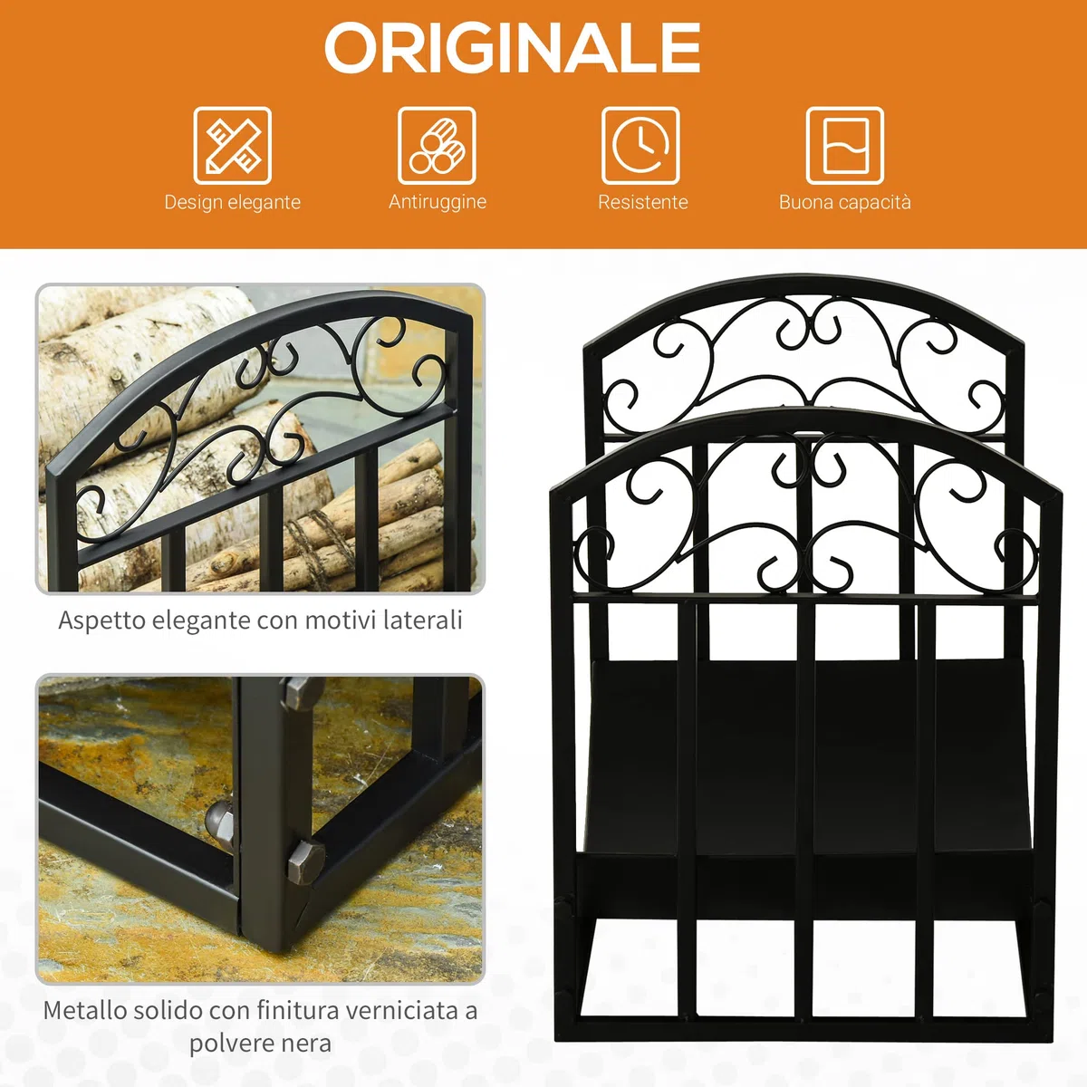 Outsunny Portalegna Metallico Interno Esterno 60kg Nero 60.5x36x46.5cm