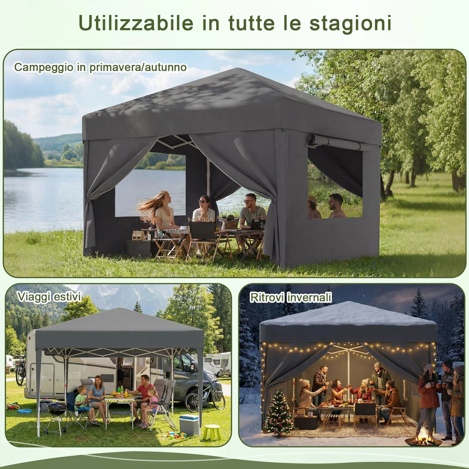 Devoko Gazebo Pieghevole 3x3 Impermeabile Stabile Invernale con Finestra a Rete Aerata, Protezione UV 50+, Tenda da Giardino Campeggio Grigio