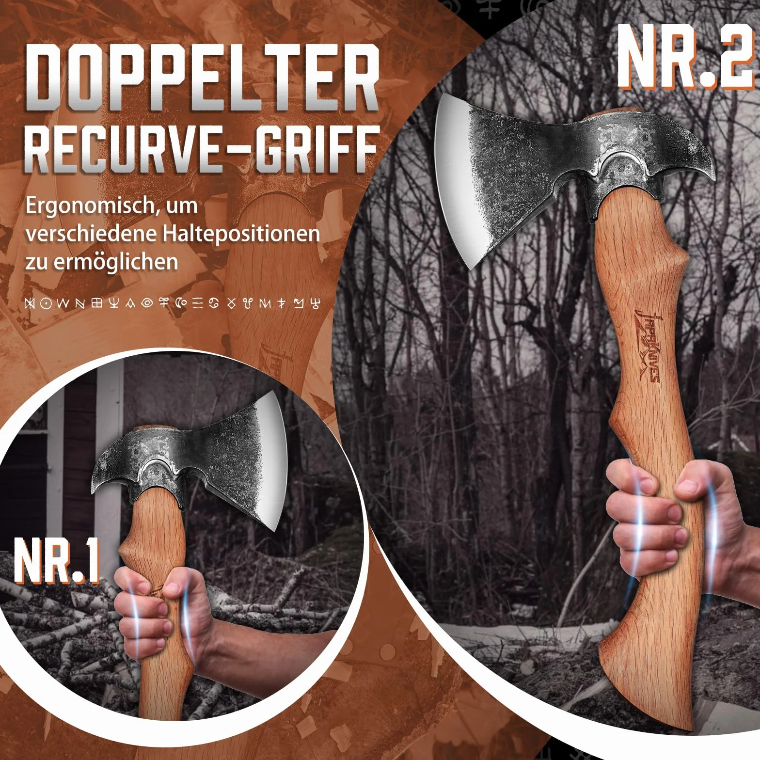 Japaknives Ascia vichinga forgiata a mano 38cm per spaccare il legno all'aperto