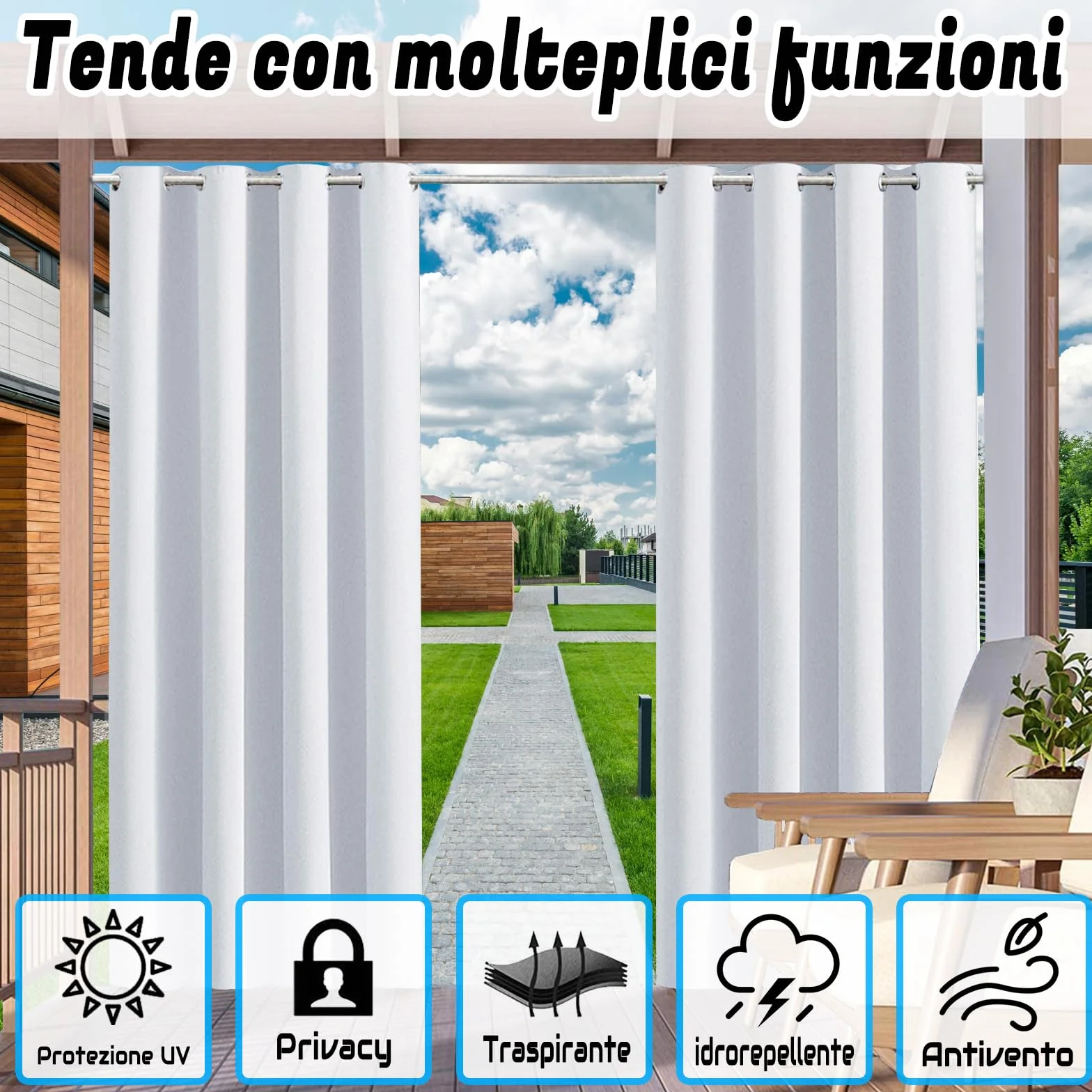 Tende da Sole per Esterno con Anelli - 1 Pezzo. Tessuto antivento, idrorepellente, 23 Colori, Protezione Solare Privacy per Balcone Gazebo Pergola Veranda - 254L x 241A cm