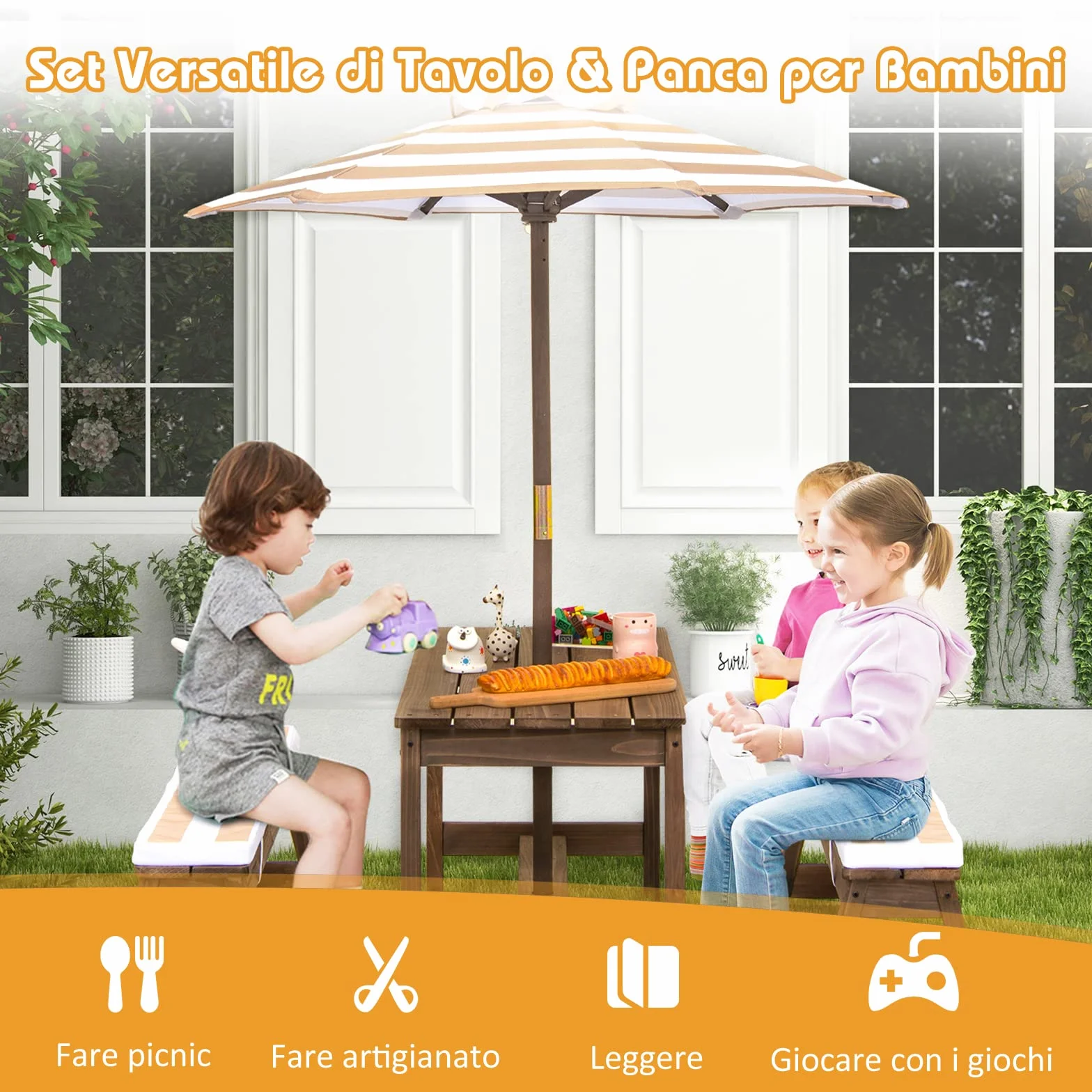 COSTWAY Tavolo da Picnic per Bambini con Parasole Pieghevole, Set Tavolo e Panca in Legno con Cuscini, Marrone