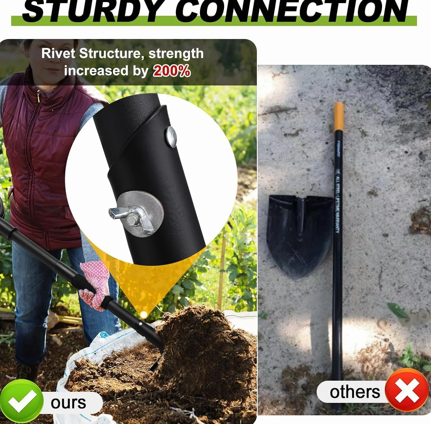 Vanga da giardino per duri, 104 cm, pale in acciaio, con manico curvo a forma di D, paletta per auto, adatta per scavi, campeggio e auto