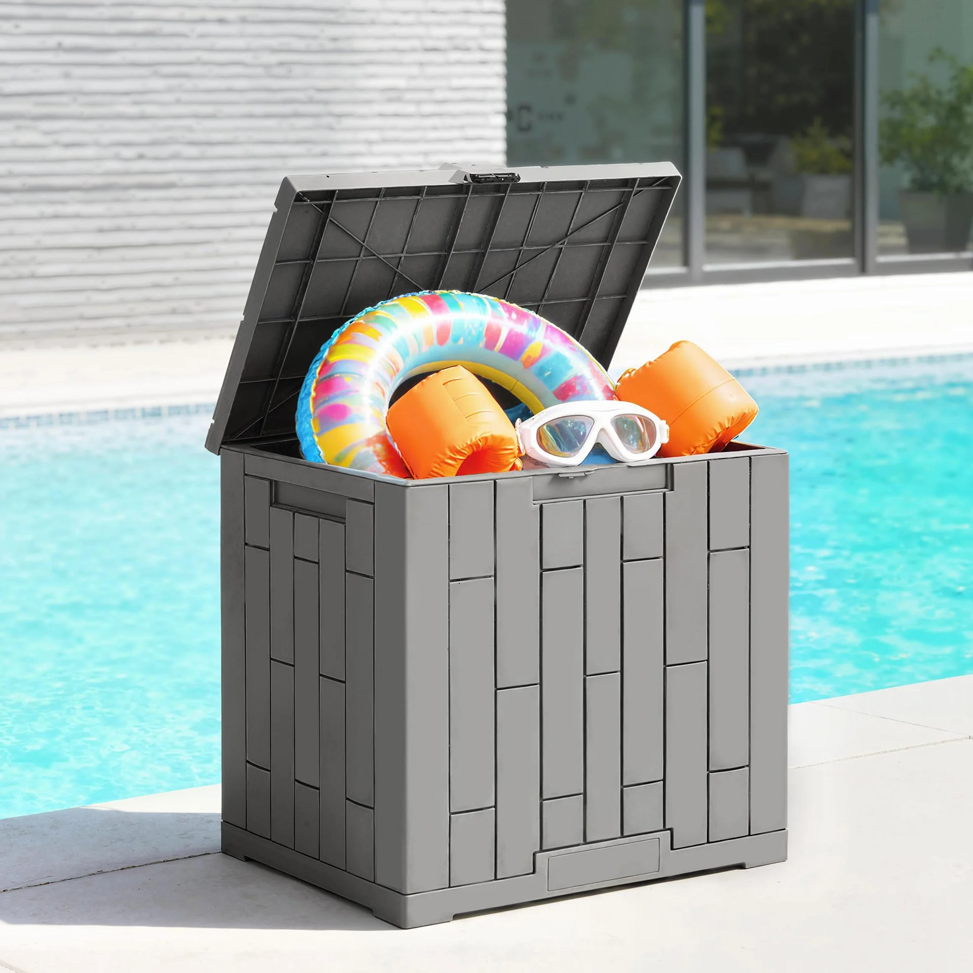 Outsunny Baule da Esterno 114L PP con Coperchio Serratura e Protezione UV, Effetto Legno Grigio