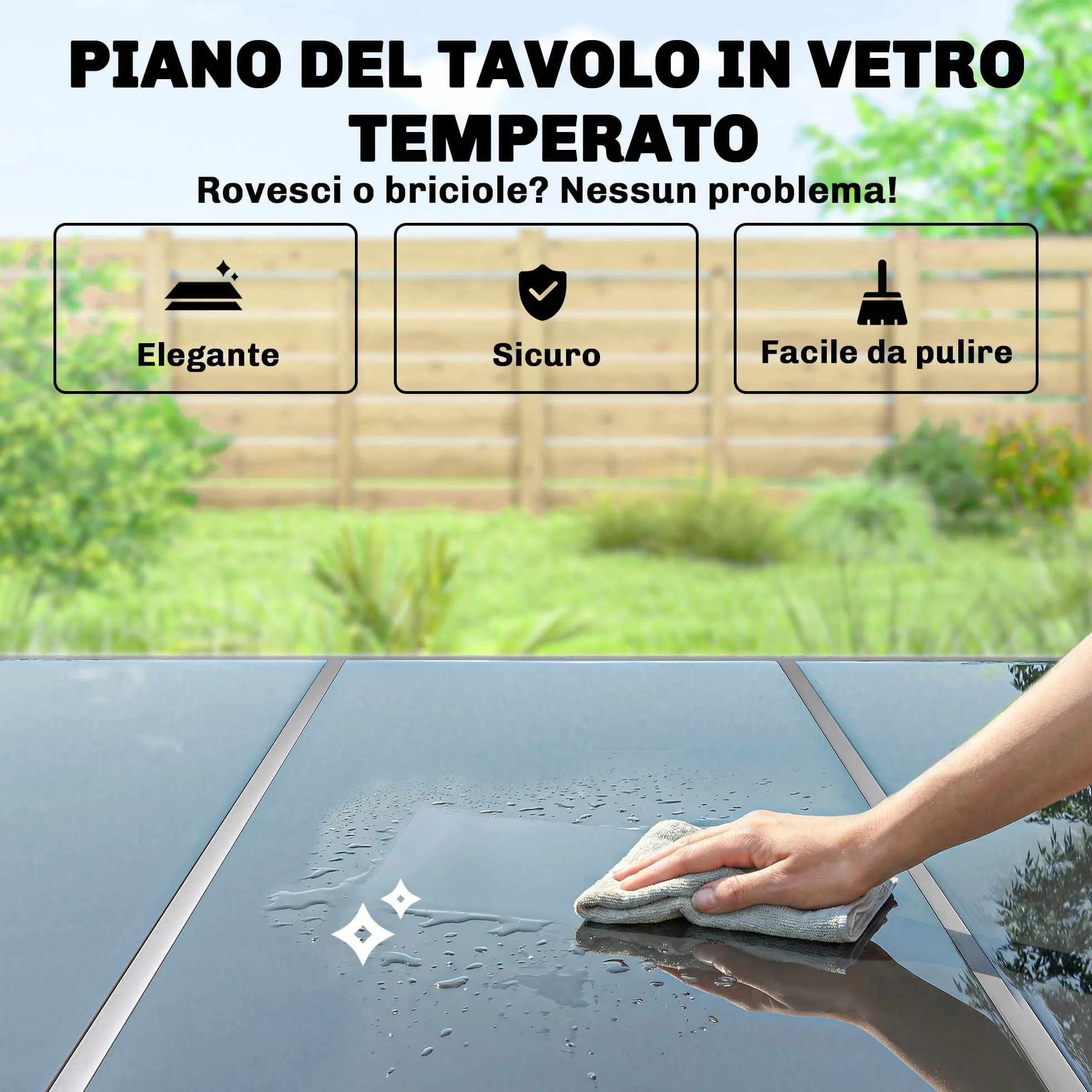 Outsunny Set Tavolo e Sedie da Giardino 7 Pezzi, Pranzo Esterno con 6 Sedie Impilabili in Texteline, Tavolo in Vetro Temperato, Metallo, Argento e Nero