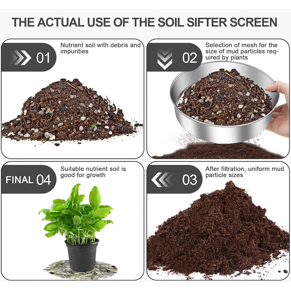 Setaccio da Giardino Rotondo 5 in1 20 cm Acciaio Inox con Inserti 3-12 mm per Terriccio Compost