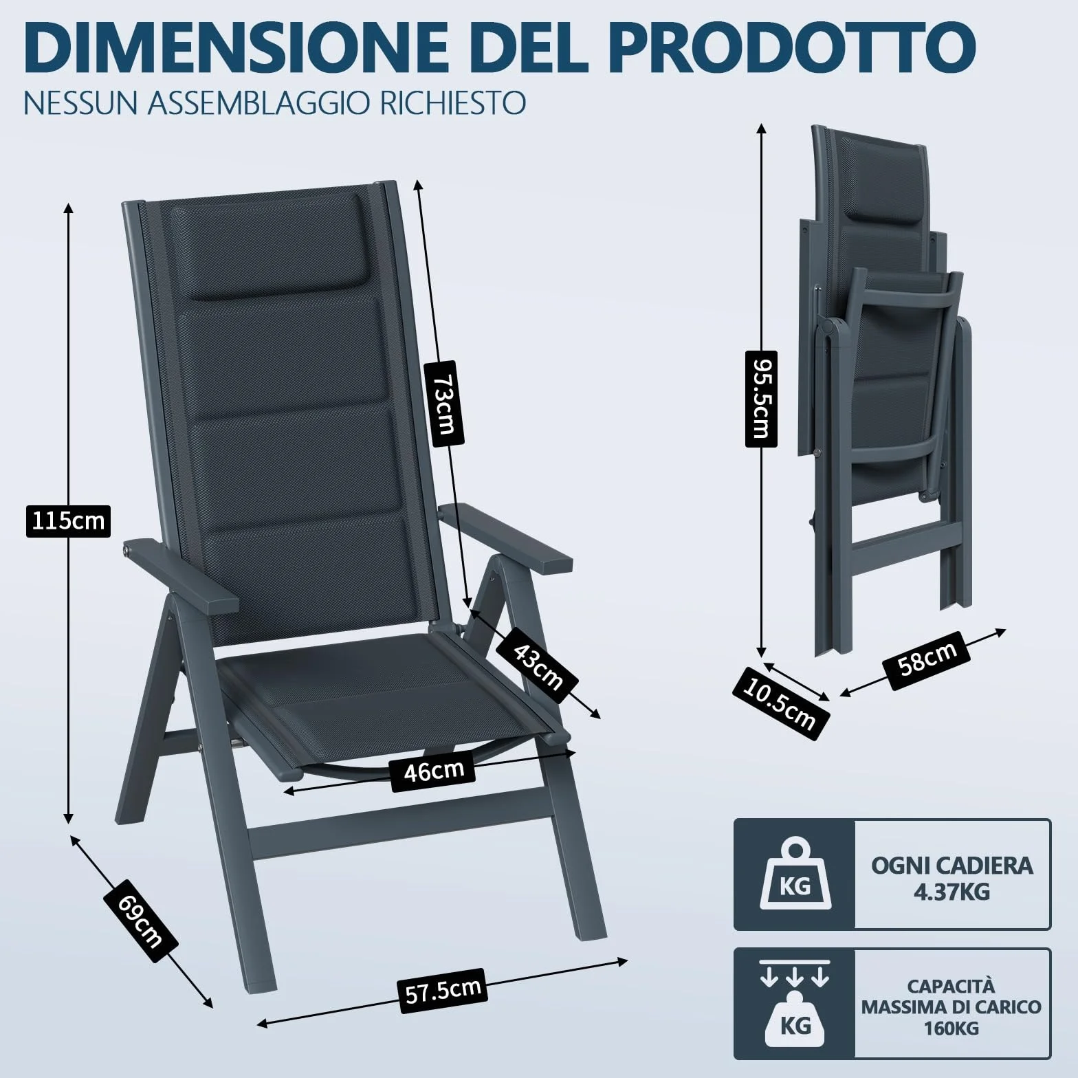 Devoko Set 2 Sedie da Giardino Pieghevoli in Alluminio Regolabile 7 Posizioni Schienale Alto