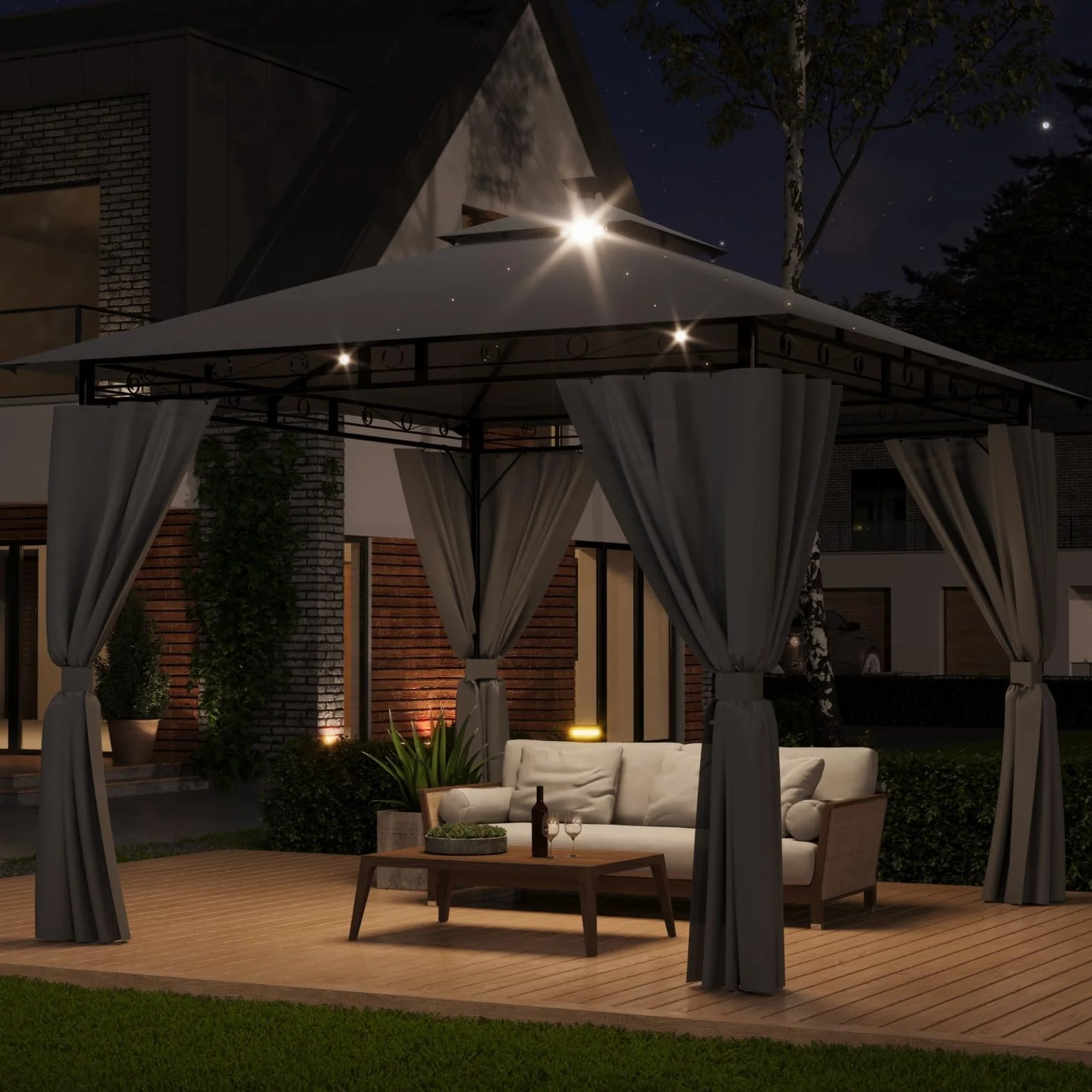 Devoko Gazebo 3x3m con Luce LED Impermeabile UV50+ Doppio Tetto Tenda da Giardino per Famiglie Grigio