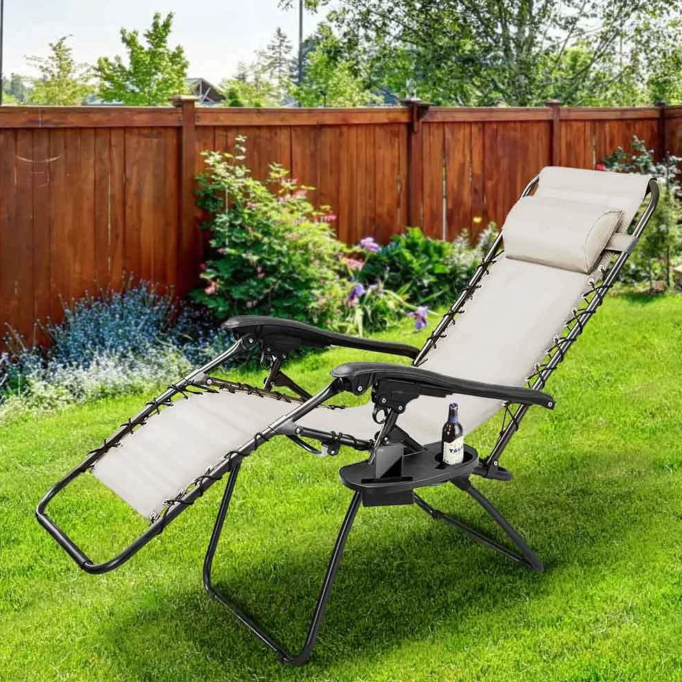 BAKAJI Sedia gravità Zero Sdraio da Giardino Poltrona Relax Pieghevole Salvaspazio con Vassoio Tubolari Acciaio 22mm Reclinabile Tessuto in Texilene Traspirante Terrazzo Piscina Esterno (Beige)