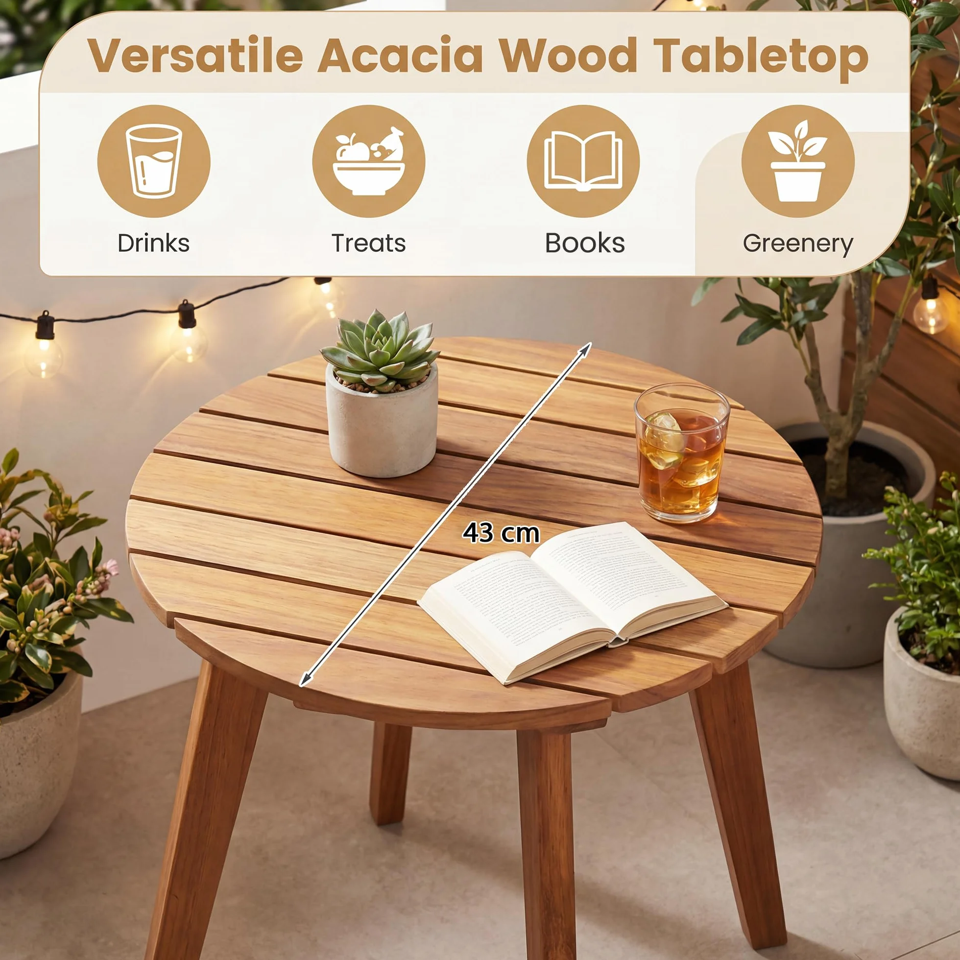 GIANTEX Tavolino da Esterno Rotondo in Legno Massello Ø43 x 35 cm Piccolo Tavolo Laterale Naturale