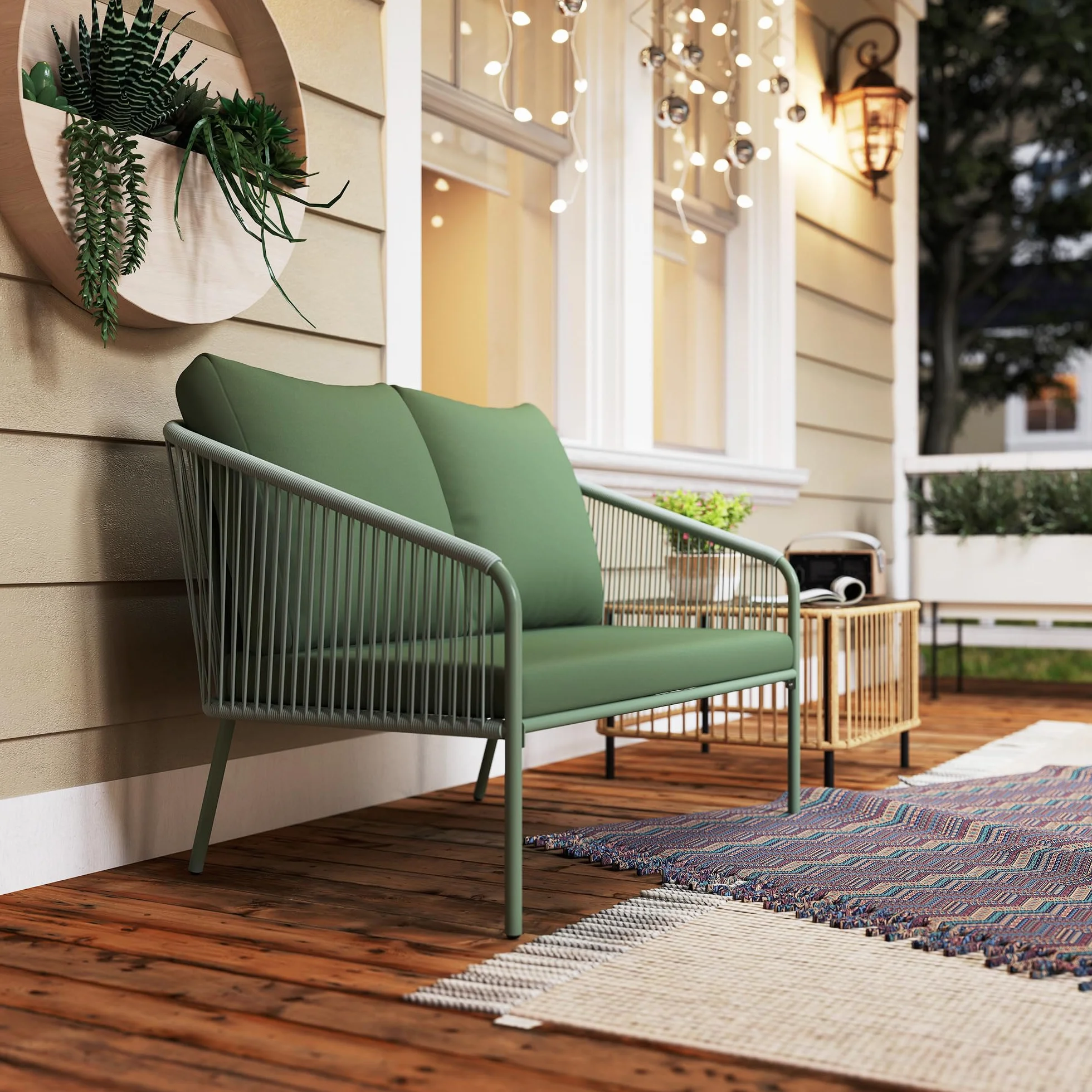 Outsunny Divano da Giardino 2 Posti in Rattan PE, Divanetto da Esterno in Stile Boho con Cuscini Sfoderabili, Braccioli e Telaio in Acciaio, Divano da Esterno, per Terrazza e Cortile, Verde