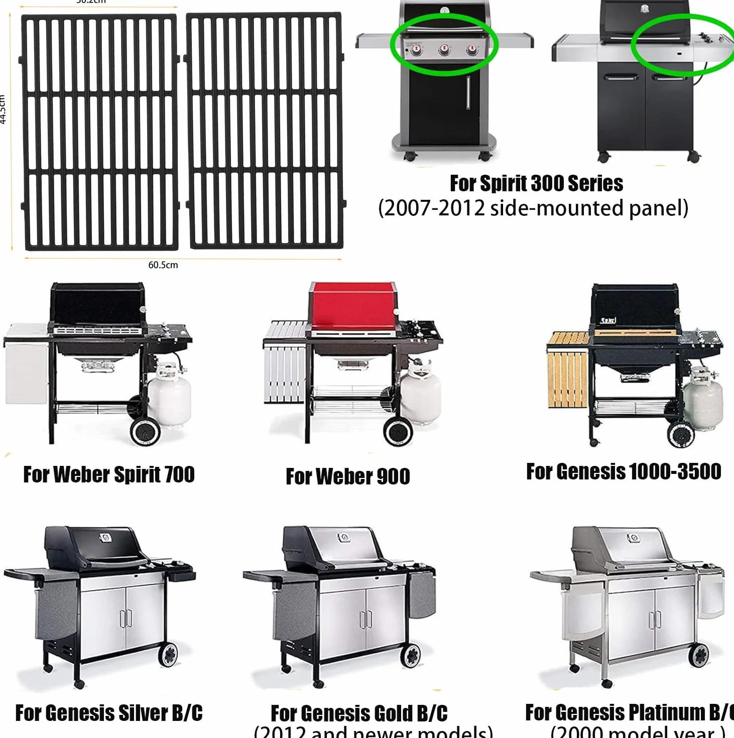 Griglie in ghisa da 44,5 x 30 cm 7638 per barbecue Weber Spirit 300 Serie E310, E320, E330, S310, S320, S330, SP320 (con pulsanti anteriori), 7527 7639 Griglia per barbecue a gas RÖSLE VIDERO G3