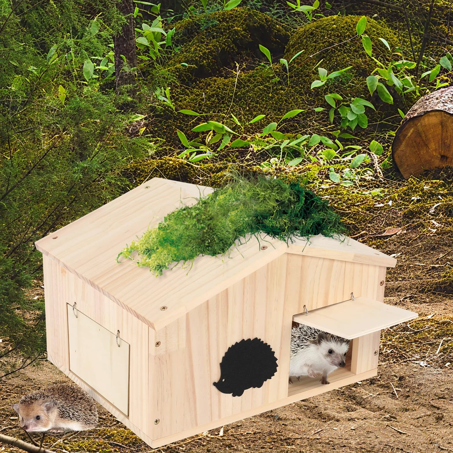 Casetta per ricci in legno con patta in rattan e fondo, resistente all'inverno, con ingresso labirinto e tetto inclinato, casa per riccio a prova di gatti, per giardino, cortile, esterno