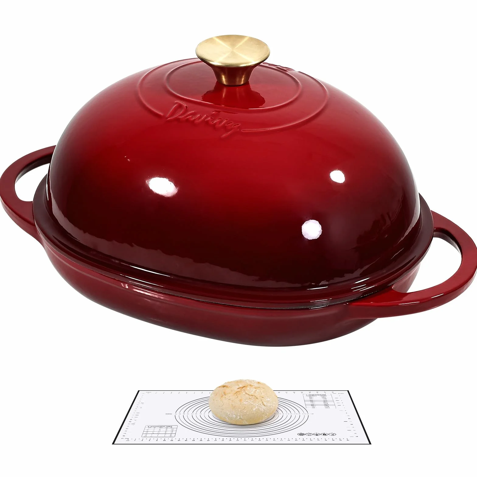 Davivy Forno olandese ovale in ghisa smaltata da 5,5 l, per pane a lievitazione naturale, pentola olandese con coperchio a cupola, pentola per il pane in ghisa (rosso rubino, con tappetino in silicone