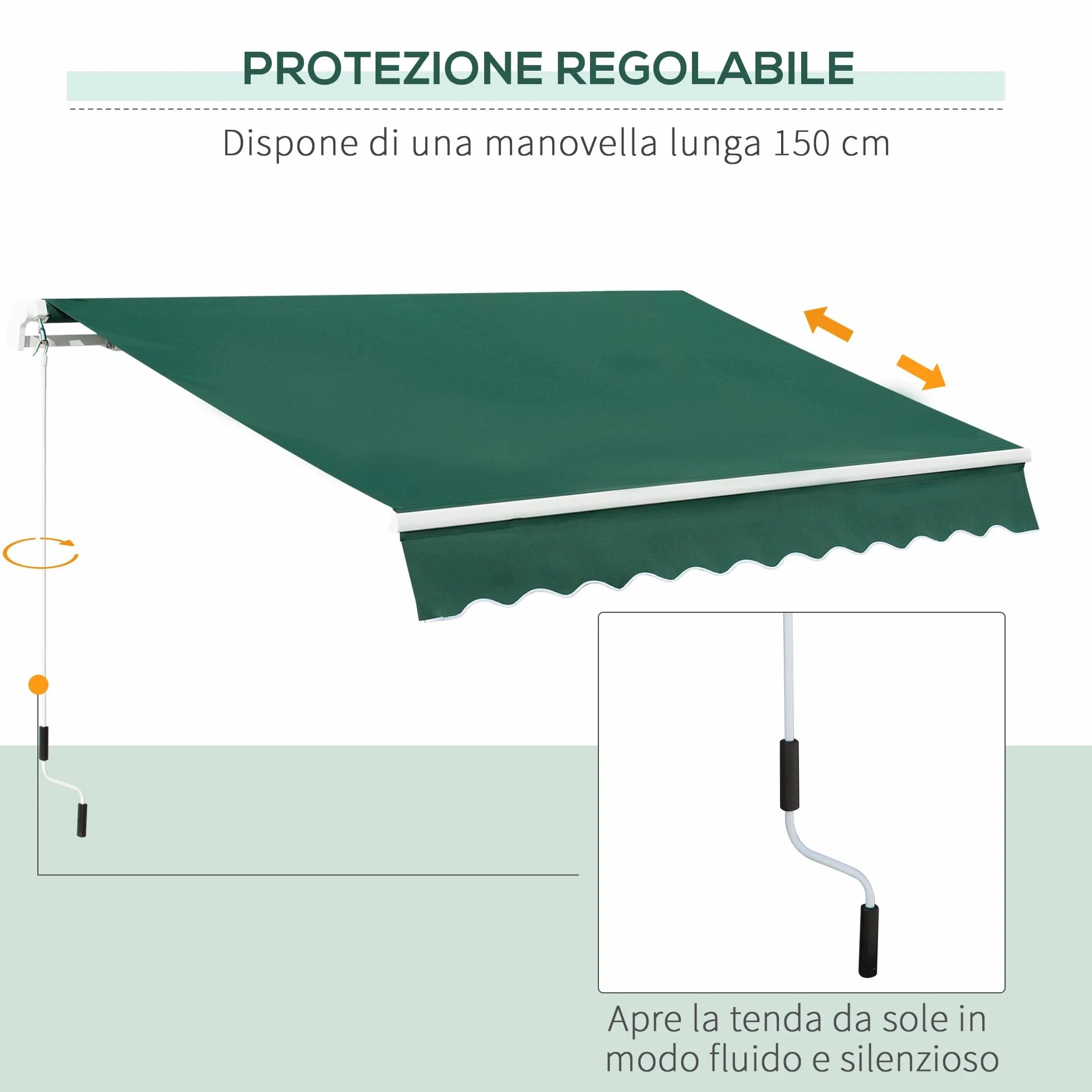 Outsunny Tenda da Sole 3x2 m con Braccio Avvolgibile, Tenda Parasole da Esterno a Manovella in Alluminio e Tessuto Poliestere, Protezione UV, Verde