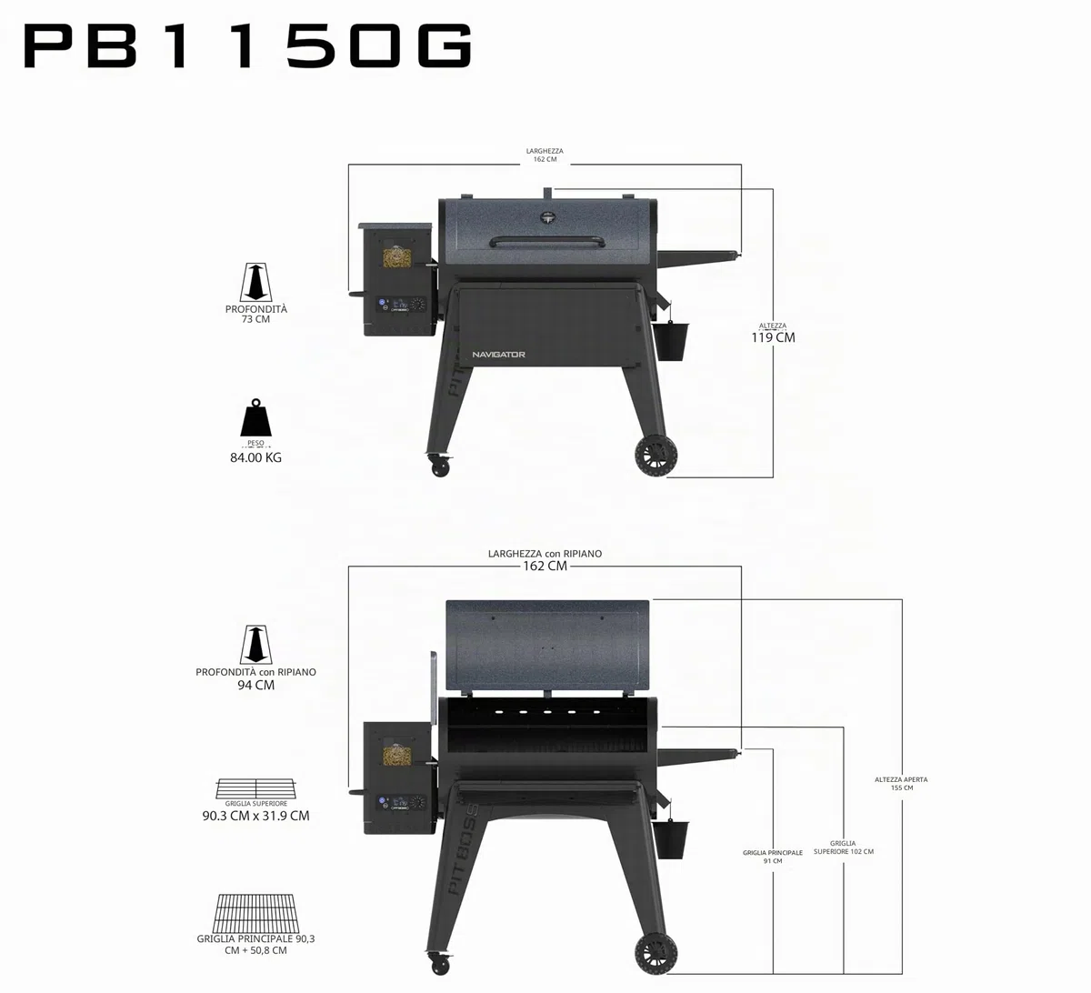 Pit Boss Navigator 1150 - Barbecue a pellet, nero, in acciaio, dimensioni: 162 x 94 x 119 cm, con schermo digitale