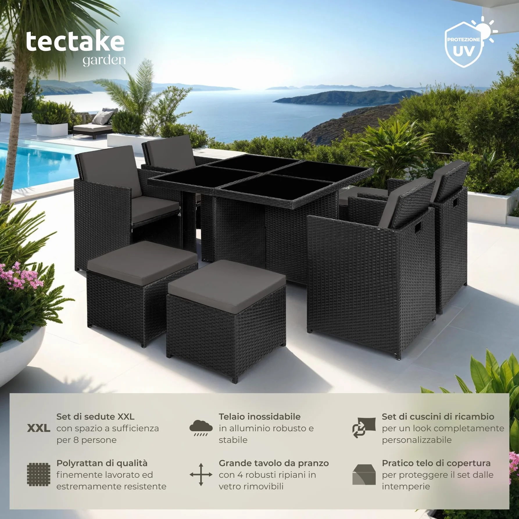 Tectake Set Mobili da Giardino Rattan Sintetico Alluminio 4 Sedie Tavolo 4 Sgabelli Involucro Protettivo Nero