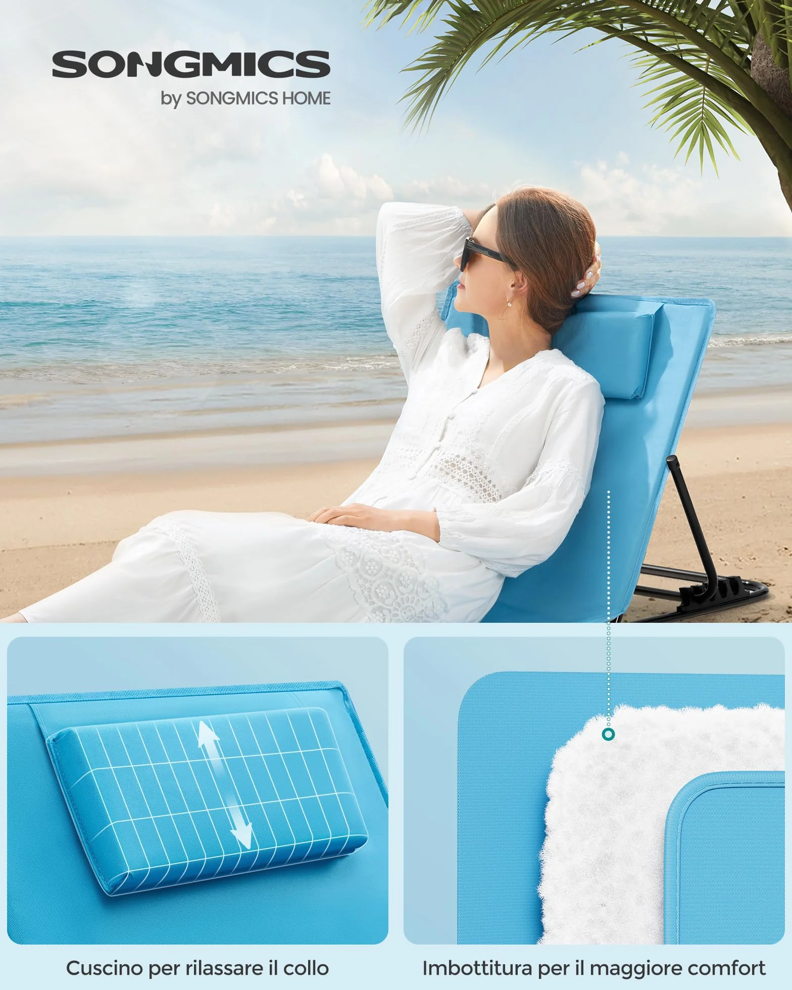SONGMICS Set di 2 Lettini da Spiaggia, Sedie a Sdraio, Portatile con Manico, 158 x 55 cm, Azzurro Cielo