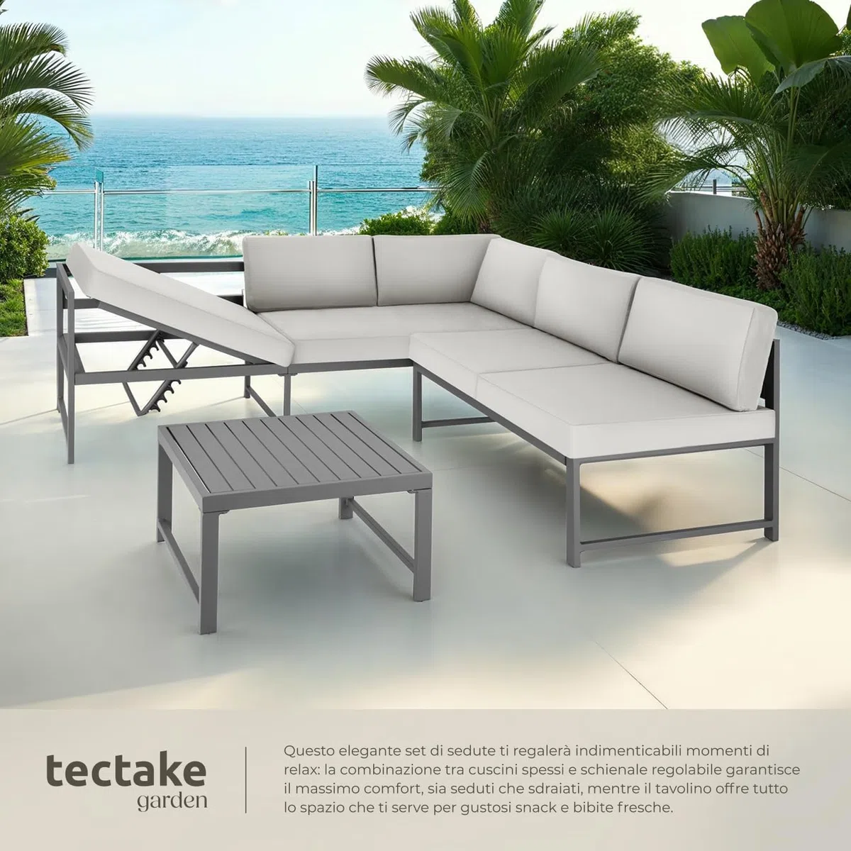tectake® Set da Giardino, 2 Divani con Morbidi Cuscini, 1 Tavolino Salotto, Salotto da Giardino Esterno, Arredo Giardino per Esterno, Set Giardino Esterno Design Moderno - Grigio
