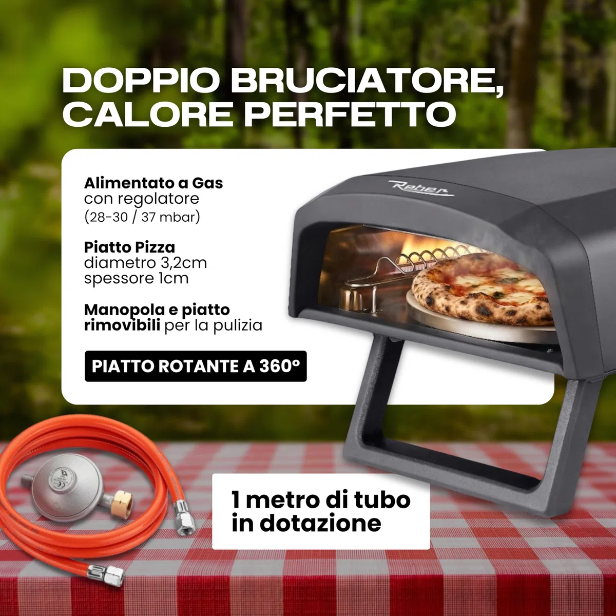 PizzaReber Forno Pizza a Gas con Piatto Rotante 32 cm – Doppio Bruciatore GPL, Acciaio INOX, Alluminio – Cottura 500°