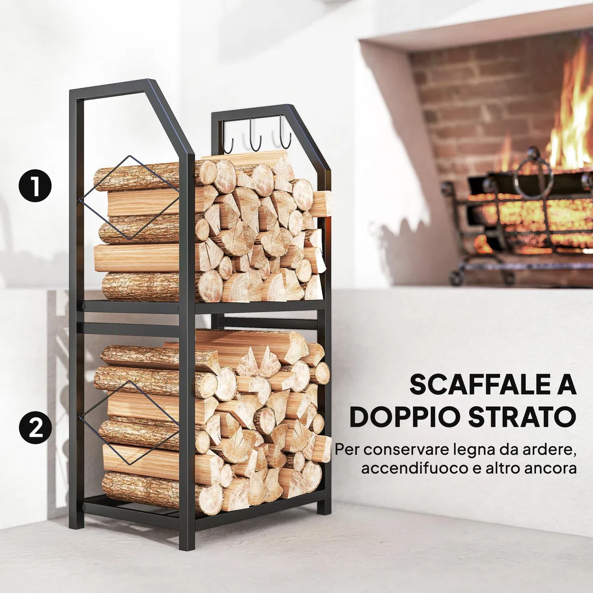 Outsunny Porta Legna in Metallo 2 Livelli 3 Ganci 100kg 41x30x81 cm Nero