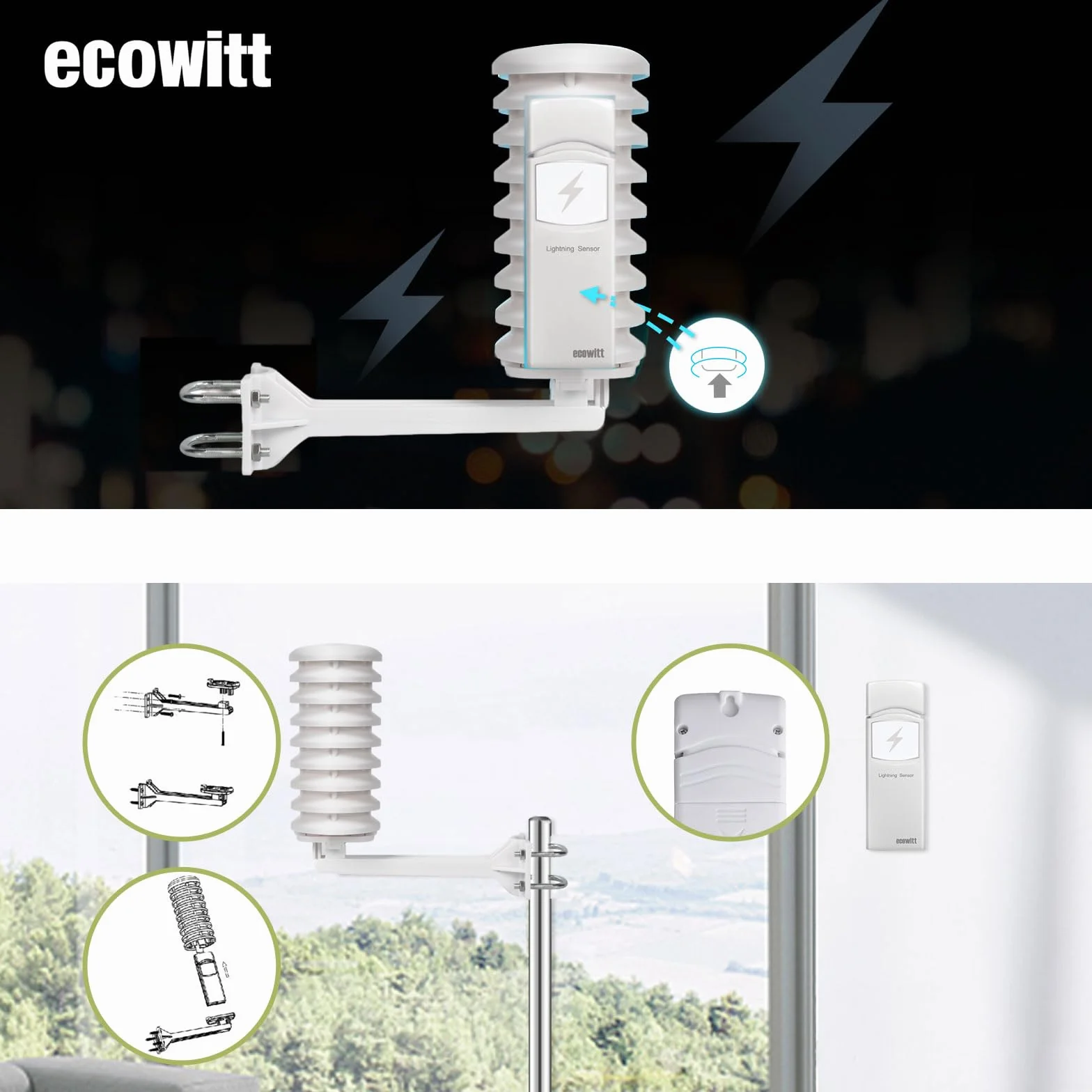 Ecowitt WH57 sensore wireless rilevamento fulmini schermo protettivo radiazione solare esterni