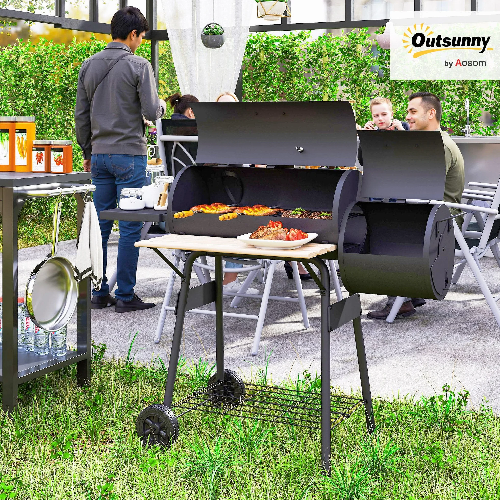 Outsunny Barbecue a Carbone con Coperchio e Affumicatore, BBQ da Giardino 124x53x104 cm Nero