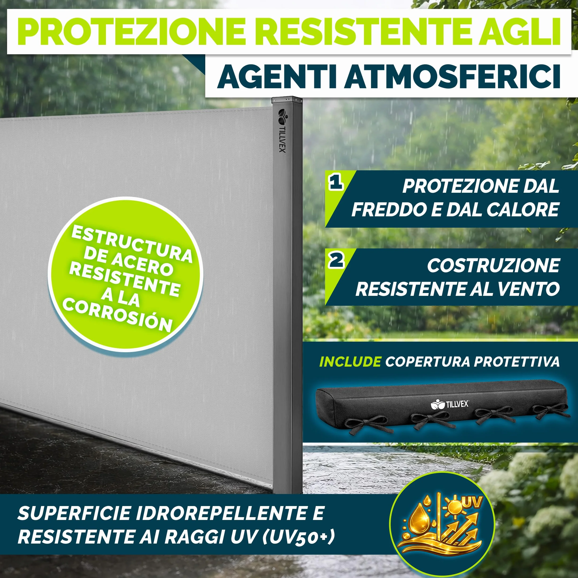 Tillvex Tenda Laterale Estensibile Oscurante 200x400 cm Acciaio Inox Antivento