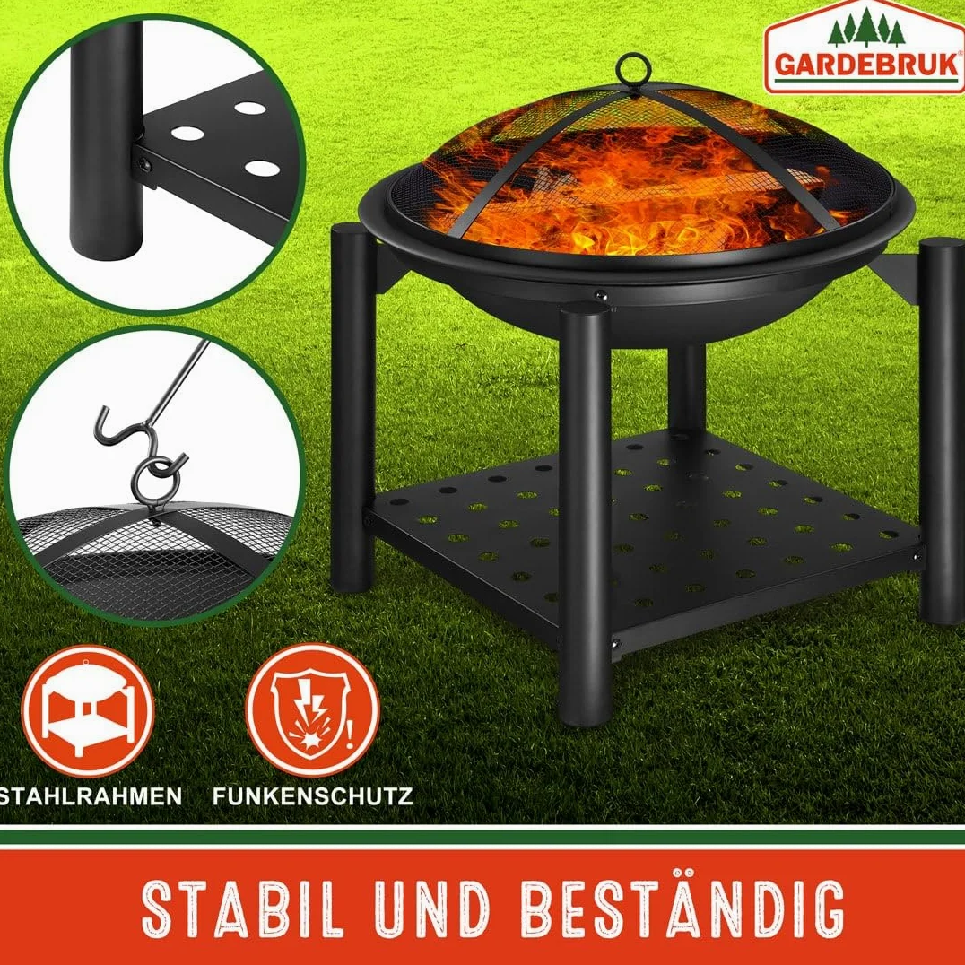 Deuba Braciere Rotondo Ø 55cm Attizzatoio Parascintille Ripiano Portaoggetti Camino Giardino Stufa