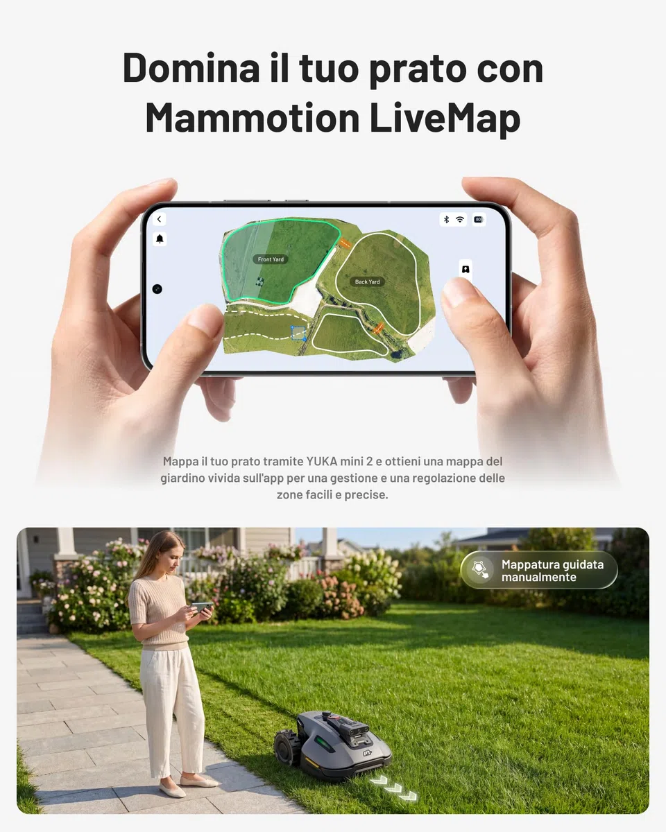 MAMMOTION YUKA mini 2 500 Robot Tagliaerba senza Filo Perimetrale, Nessuna Perdita di Segnale, Senza RTK, Visione AI Tri-Cam, DropMow, Mappatura Auto Multi-zona