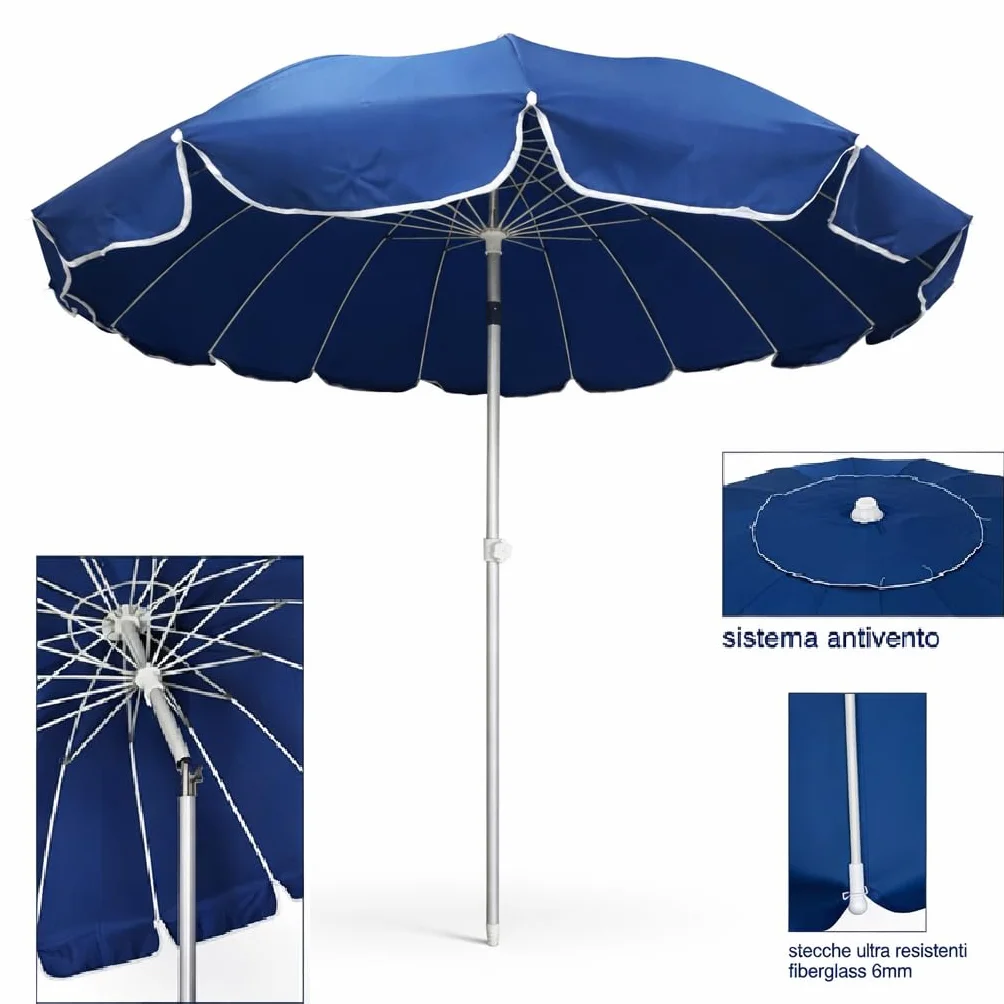 DANYX Ombrellone Mare 220 cm Antivento UV50+ 16 Stecche Fibra di Vetro Palo Alluminio Inclinabile Airvent