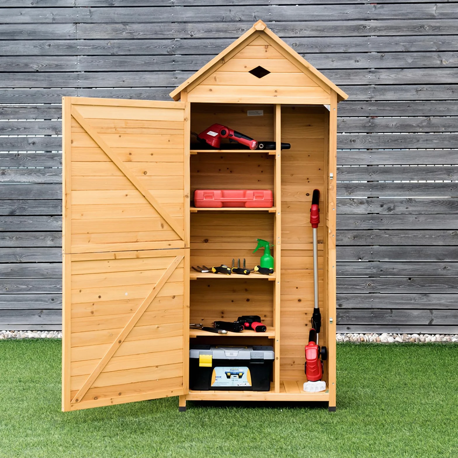 COSTWAY Armadio da Esterno, Casetta da Giardino in Legno con Tetto Galvanizzato Impermeabile, Mensole e Chiusura a Chiave, Ripostiglio da Balcone, Cortile e Giardino (80 x 45 x 177 cm)