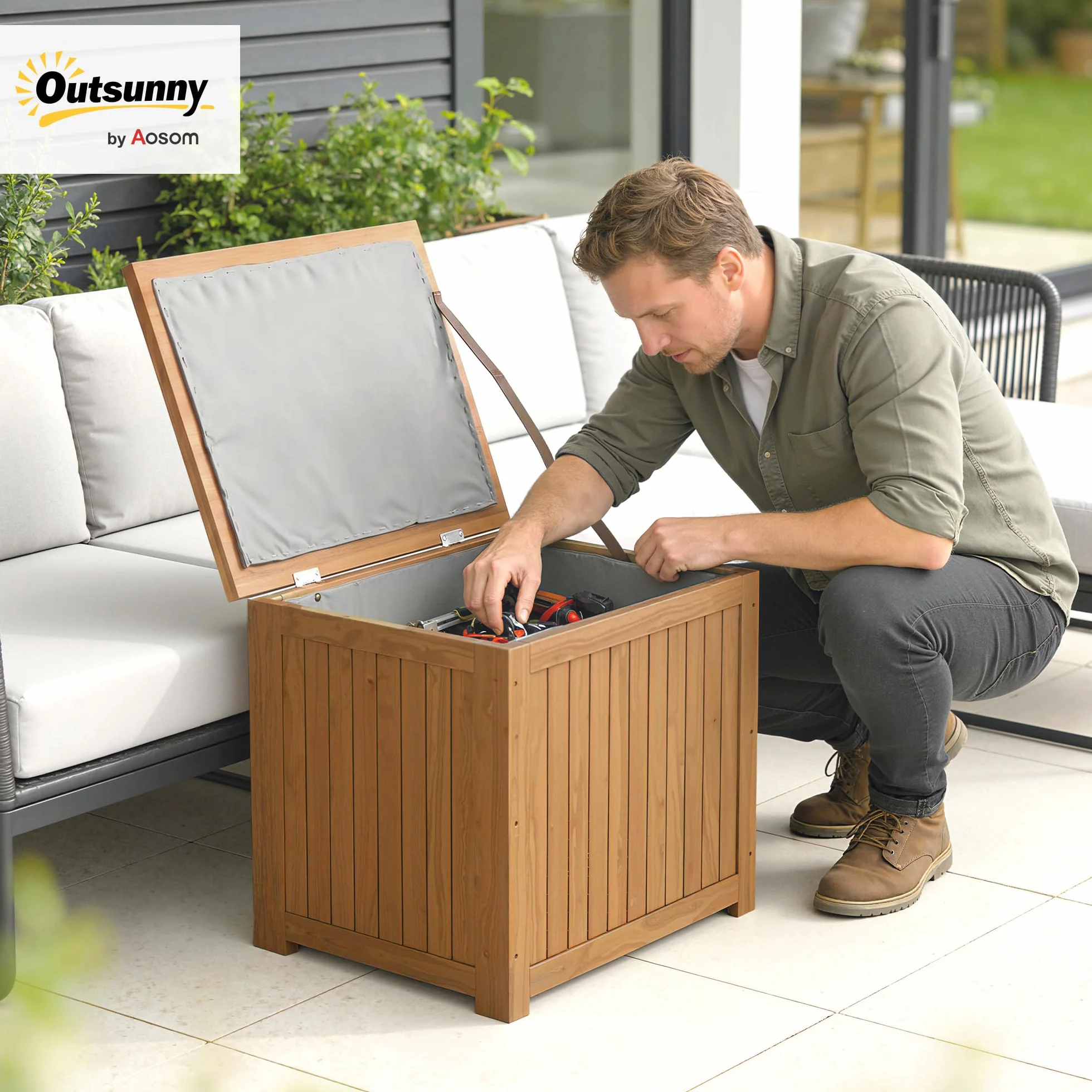 Outsunny Baule da Esterno 130L Legno Coperchio Cerniera, Contenitore Giardino Protezione UV, 63x51x58.5 cm, Marrone