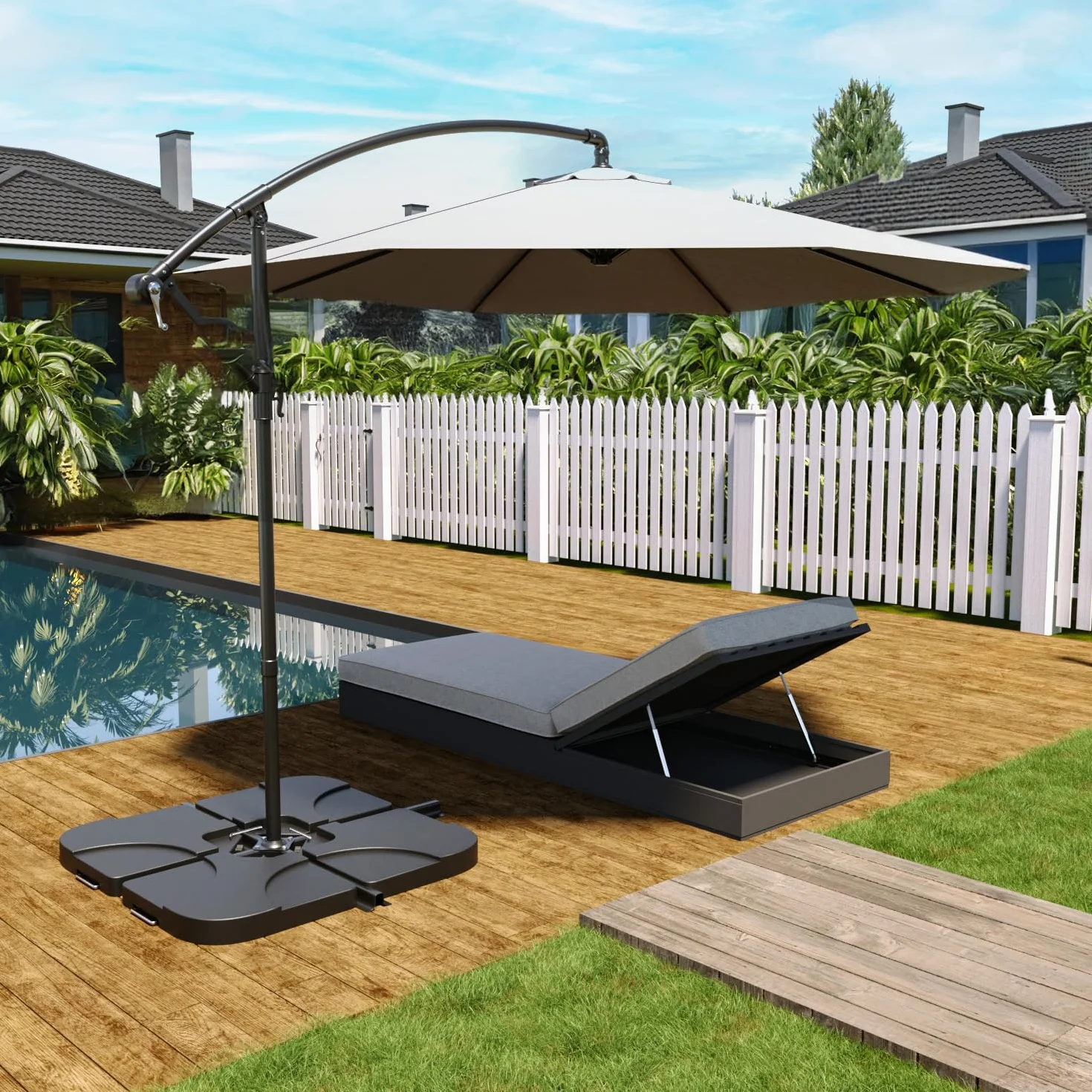 Set 4 Supporto Pesi Base Ombrellone Parasole Da Giardino In Plastica HDPE Riempibili Con Acqua E Sabbia 60 Litri / 100 Kg Adatti Per Ombrelloni Base A Croce 50 x 50 x 7.5 cm Nero