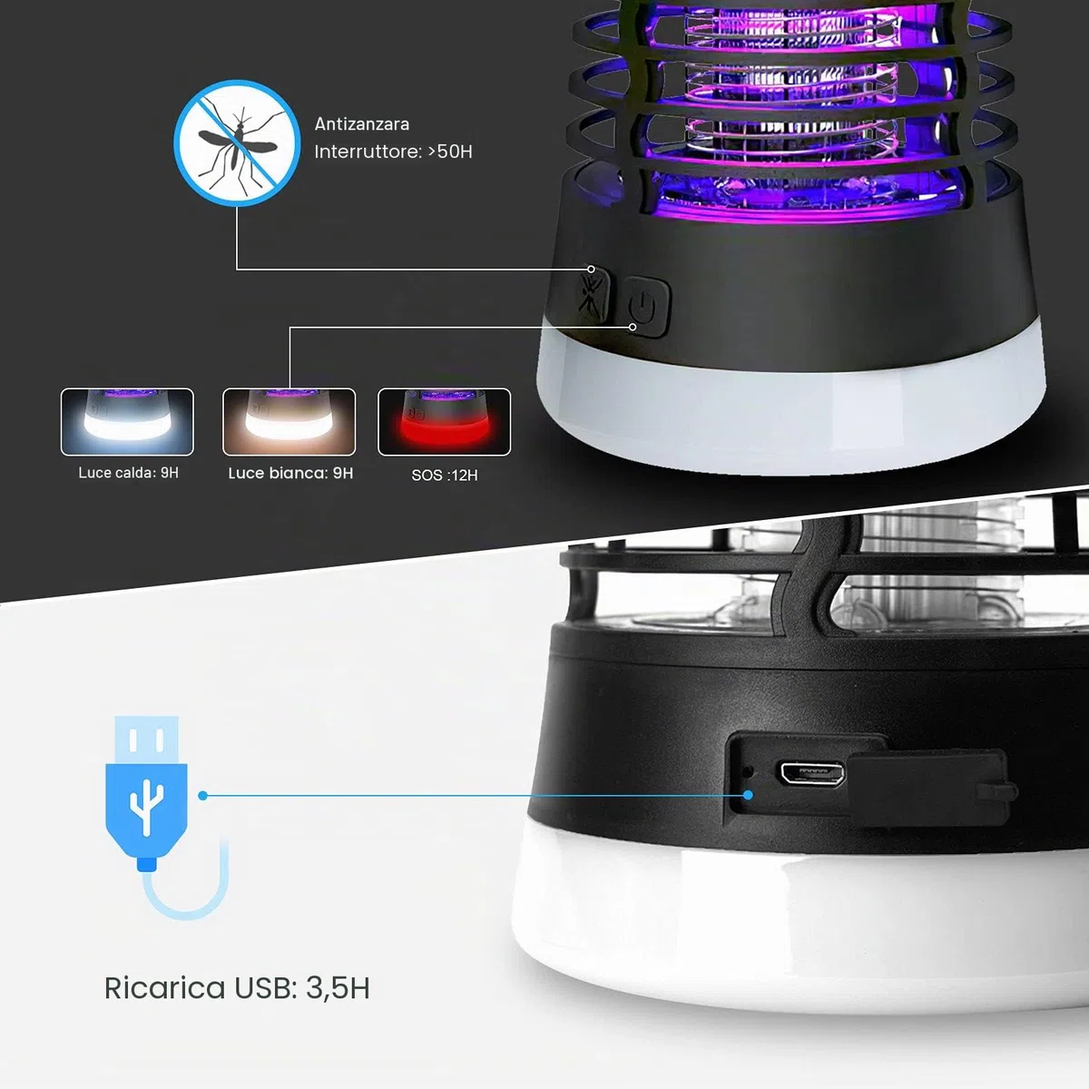 Lampada Antizanzare Elettrica per il Campeggio, 3 in 1 USB Zanzariera Elettrica IP66 Impermeabile Trappola per Zanzare Ricaricabile, 3 Modalità di Uccisione Degli Insetti Mosca Interni