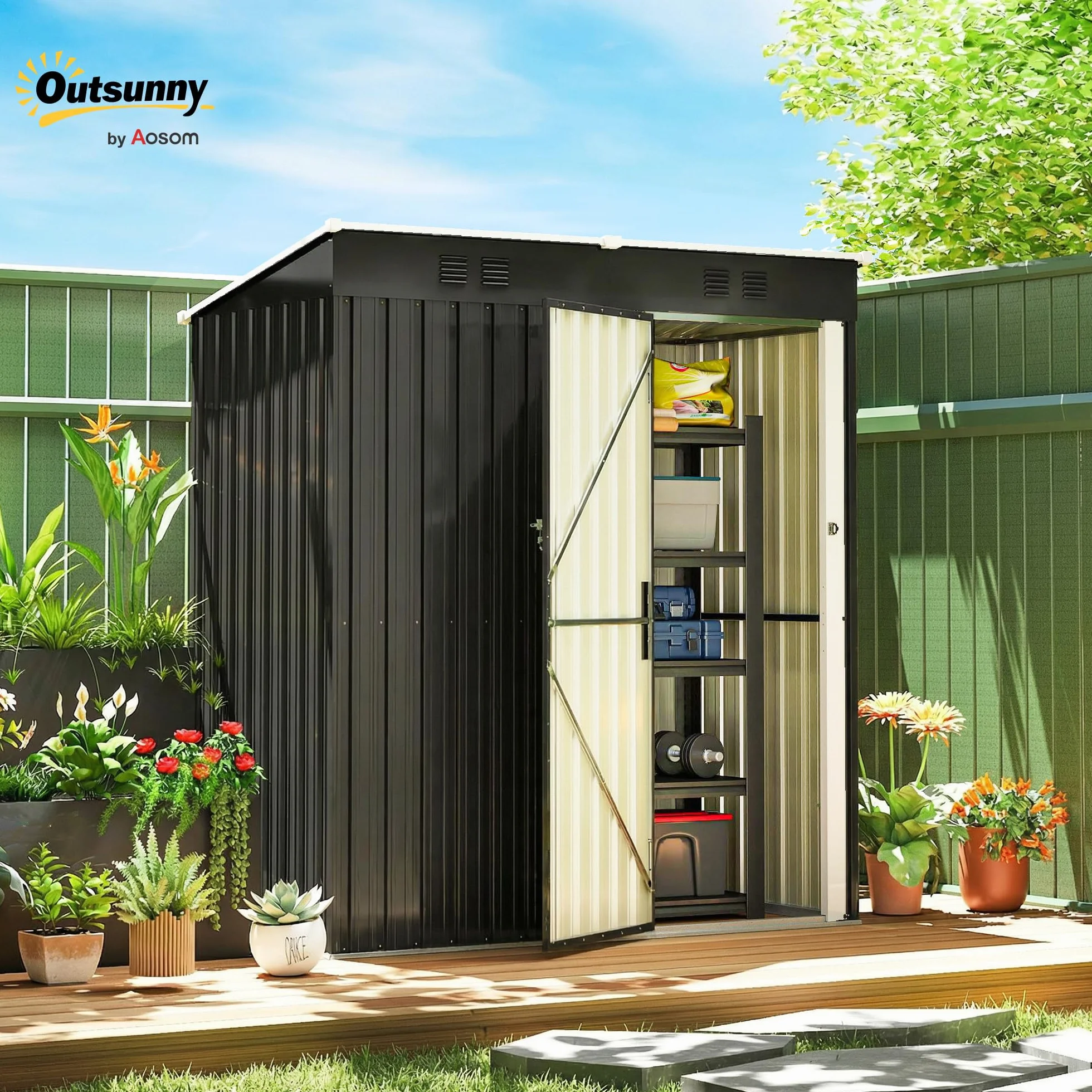Outsunny Casetta da Giardino 1.37m² in Acciaio Zincato con Prese d'Aria, Capanno da Giardino con Porta Bloccabile, Tetto Inclinato, Guanti, Capanno Attrezzi da Esterno, 163x90x179 cm, Grigio Scuro