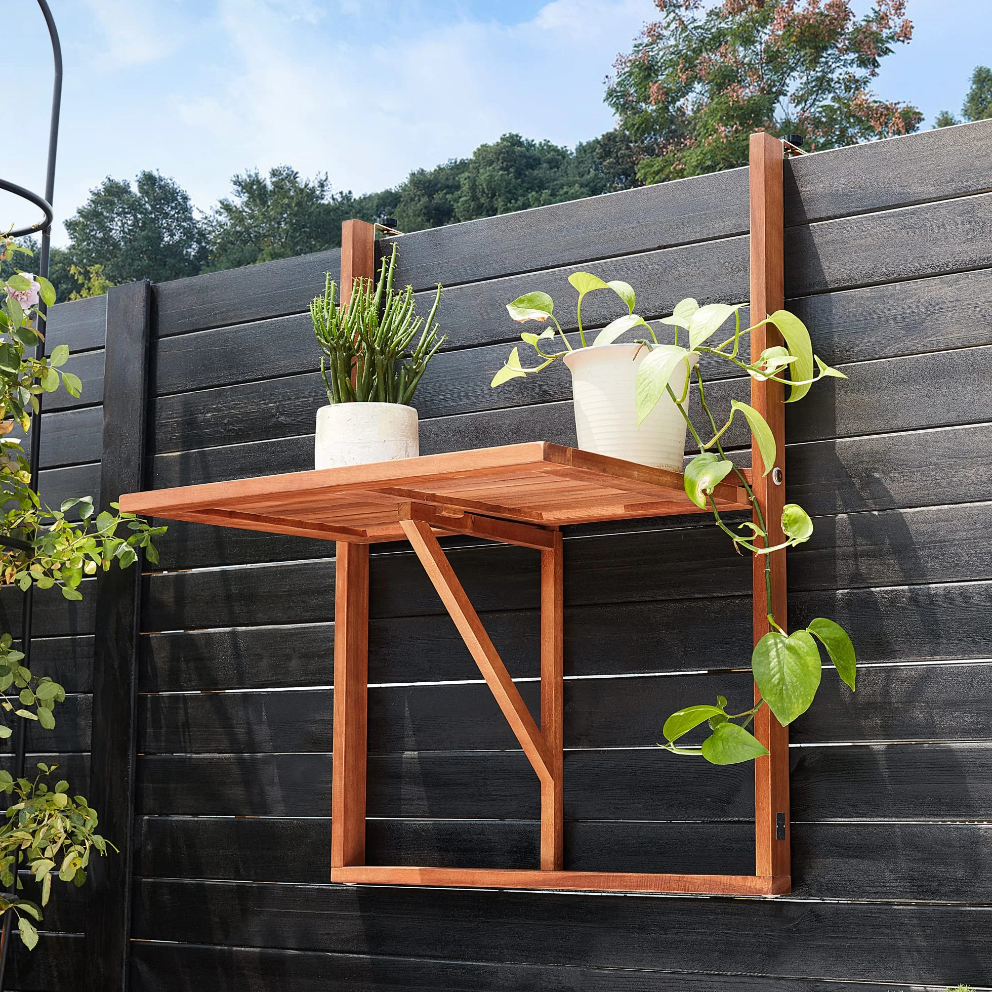 Casaria Tavolo Pensile Legno Acacia Pieghevole 65x45x87cm Tavolino da Ringhiera Balcone Esterno