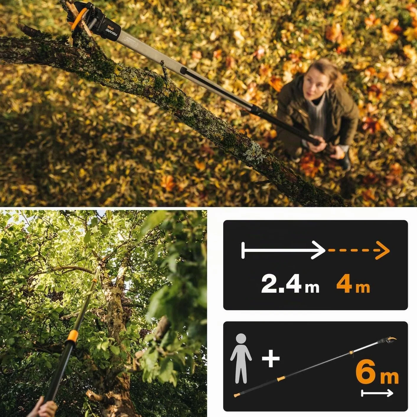 Fiskars Svettatoio Telescopico per Rami e Ramoscelli Freschi UPX86, con Guida di Taglio, Nero/Arancione, 10.1 x 7.4 x 230.3 cm, 1023624