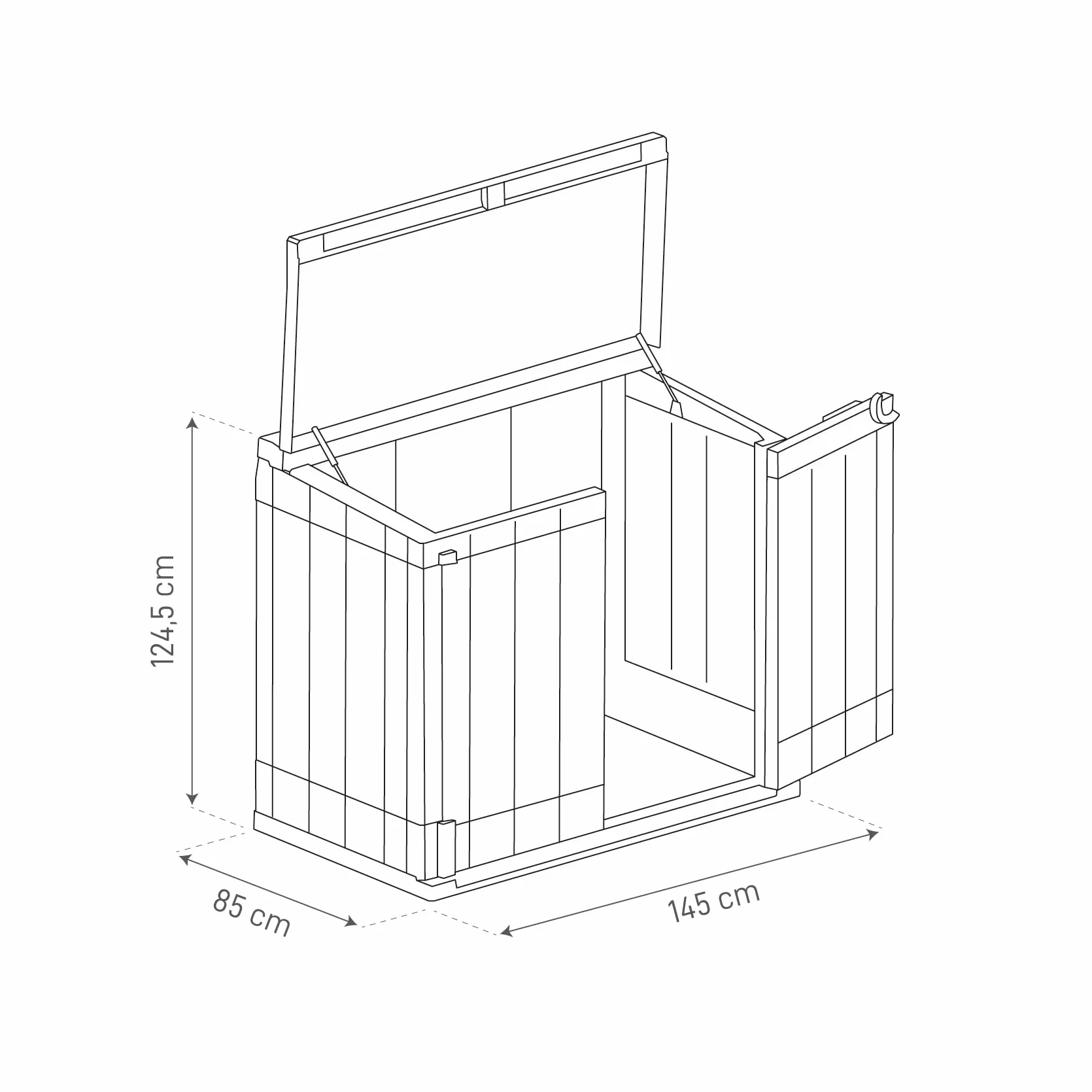 Toomax Storer Plus XL Baule da 1270L portattrezzi giardino, 145x85x124,5h cm effetto legno grigio talpa/marrone, porta bidoni spazzatura con coperchio assistito, resistente ai raggi UV, per esterni